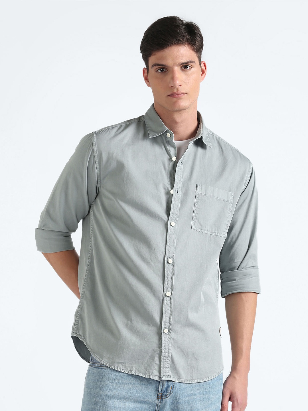 

Flying Machine Spread Collar Pure Cotton Casual Shirt, Grey