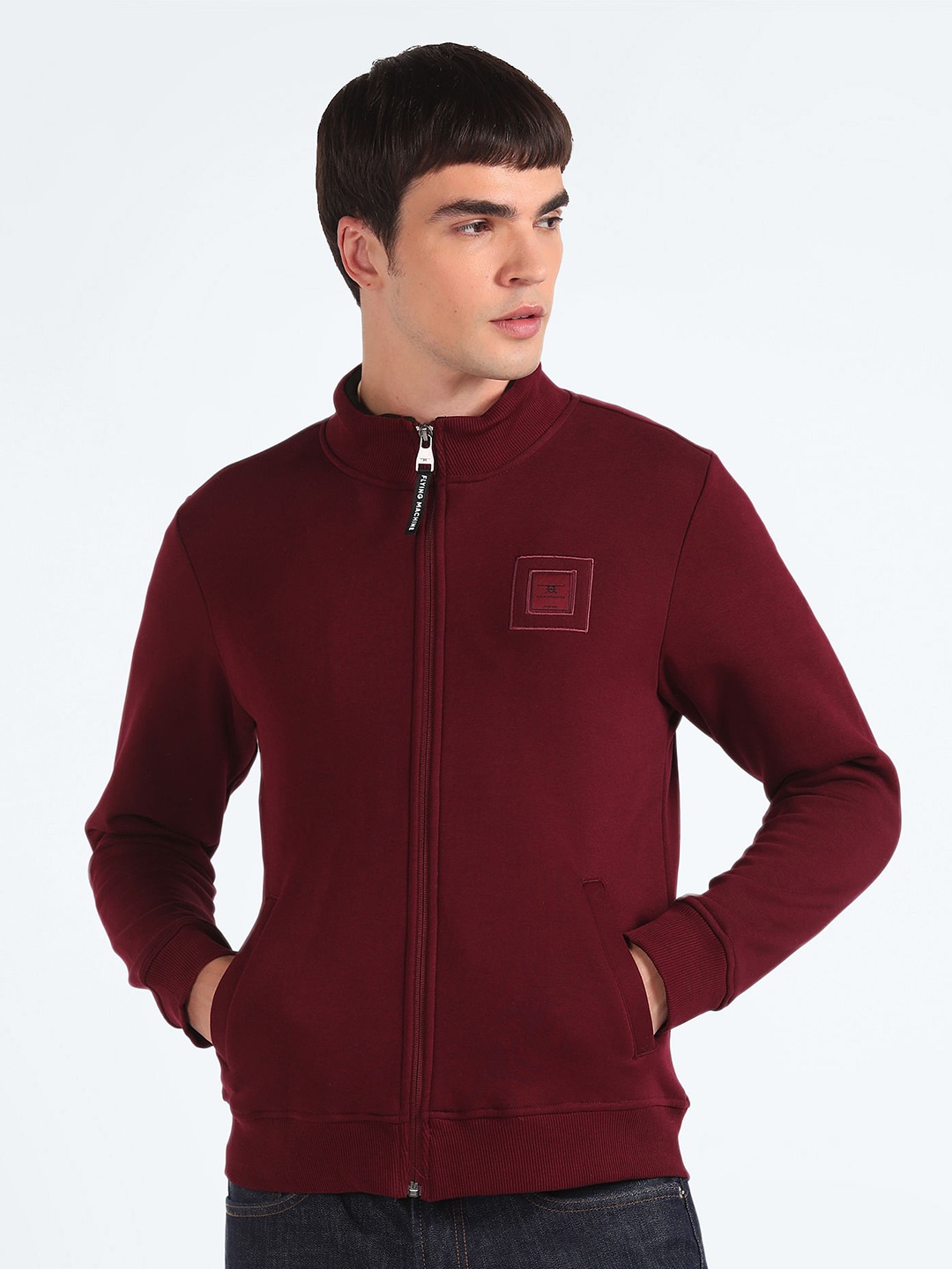 

Flying Machine Mock Collar Long Sleeves Applique Front-Open Sweatshirt, Red