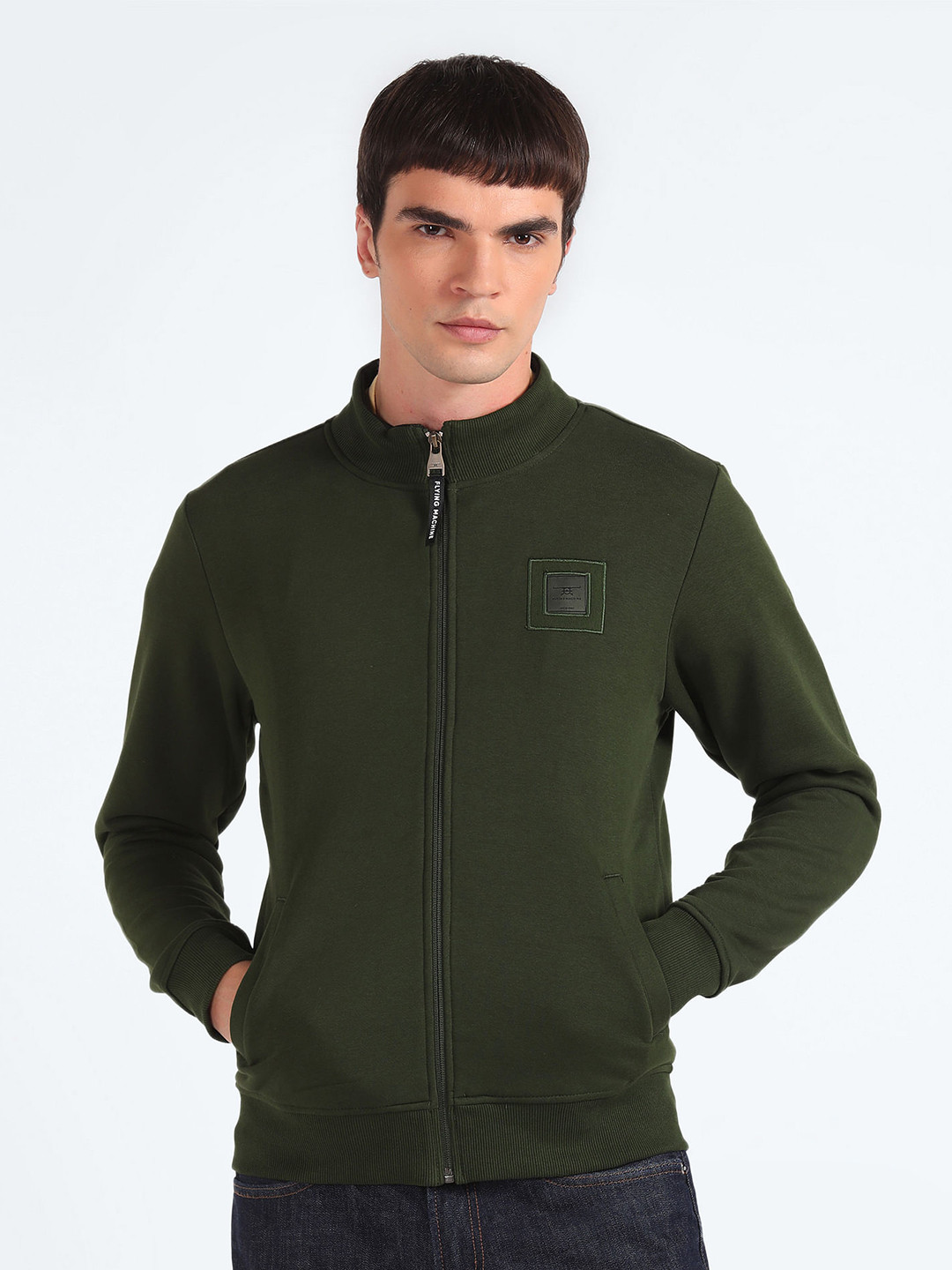 

Flying Machine Mock Collar Long Sleeves Applique Front-Open Sweatshirt, Green