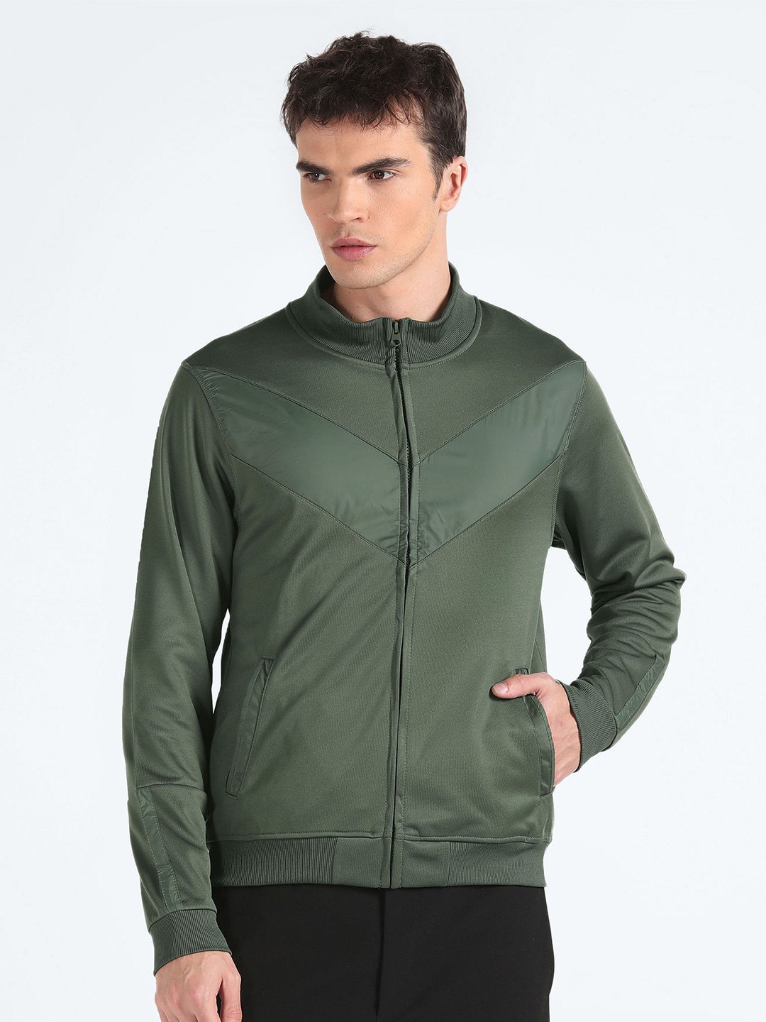 

Flying Machine Mock Collar Long Sleeves Front Open Sweatshirt, Green