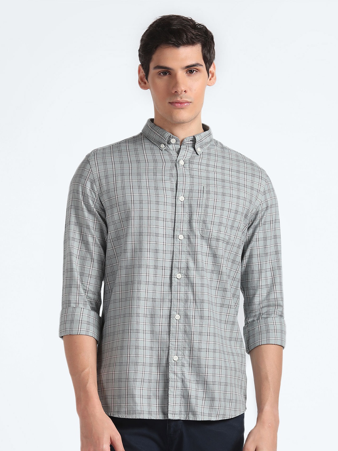 

Flying Machine Button-Down Collar Tartan Checks Pure Cotton Casual Shirt, Grey