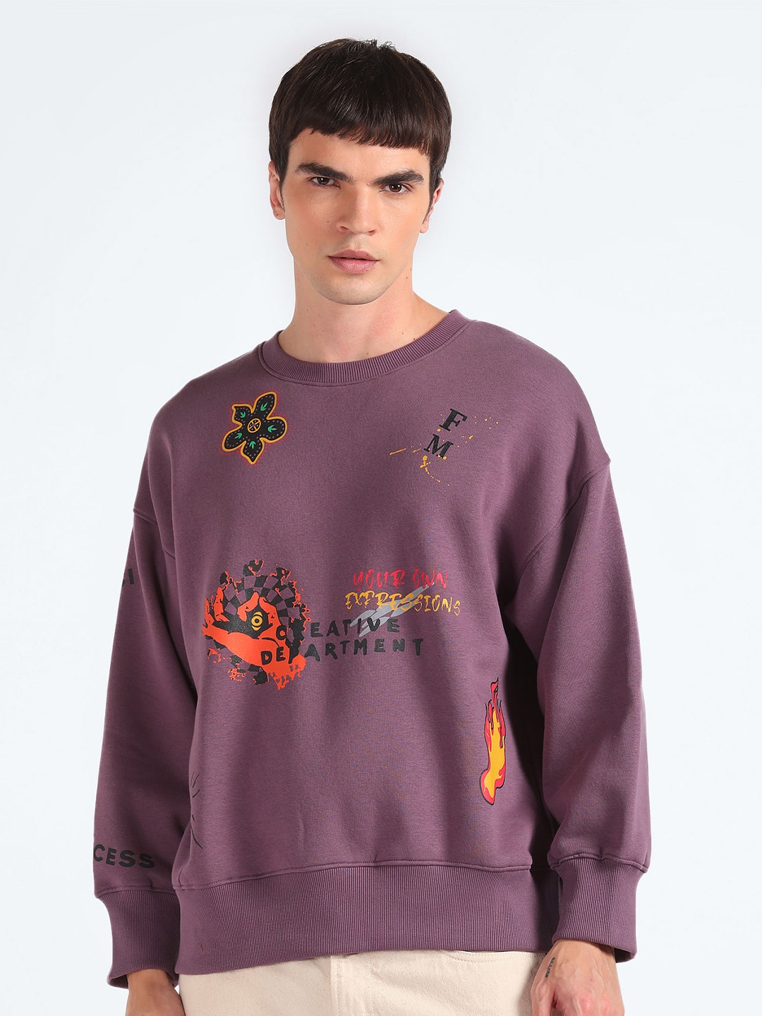 

Flying Machine Graphic Printed Oversized Sweatshirt, Purple