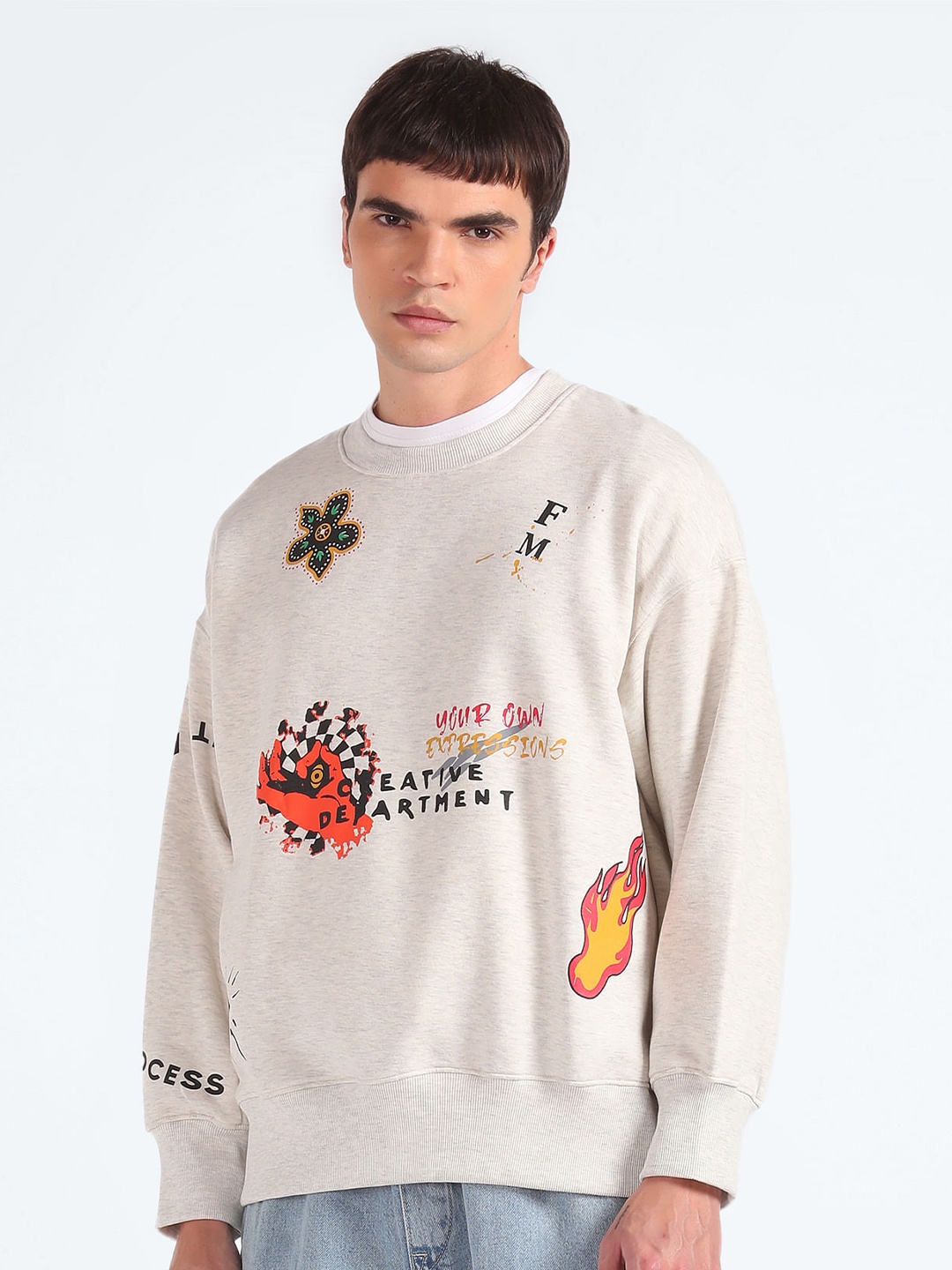 

Flying Machine Graphic Printed Oversized Sweatshirt, Grey
