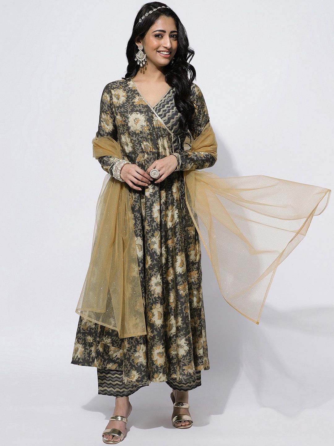 

KALINI Floral Printed Regular Kurta & Palazzo with Dupatta, Grey