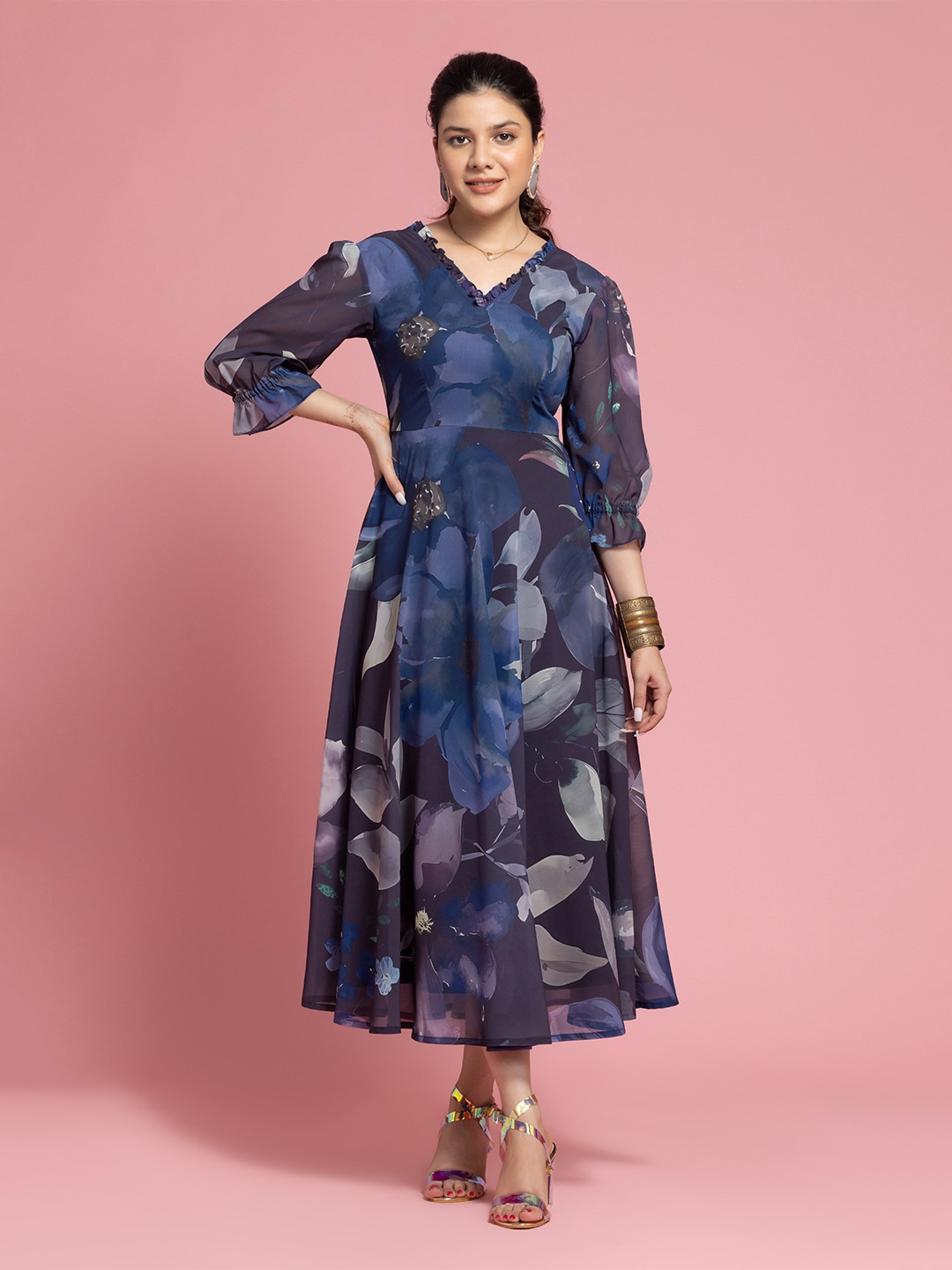 

SEW YOU SOON Floral Printed Puff Sleeve Georgette A-Line Dress, Blue