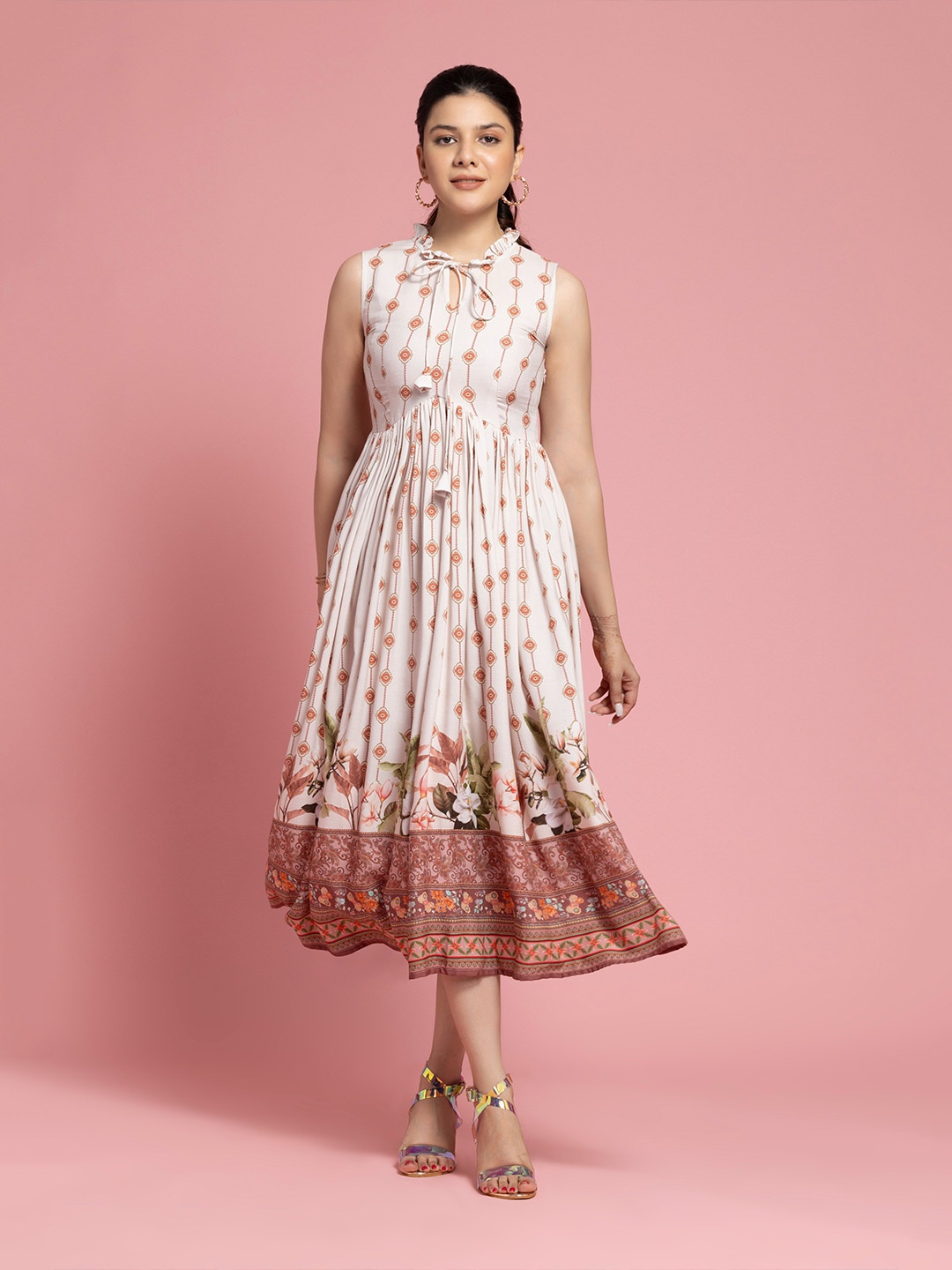 

SEW YOU SOON Floral Printed Tie-Up Neck Cotton A-Line Midi Dress, Off white