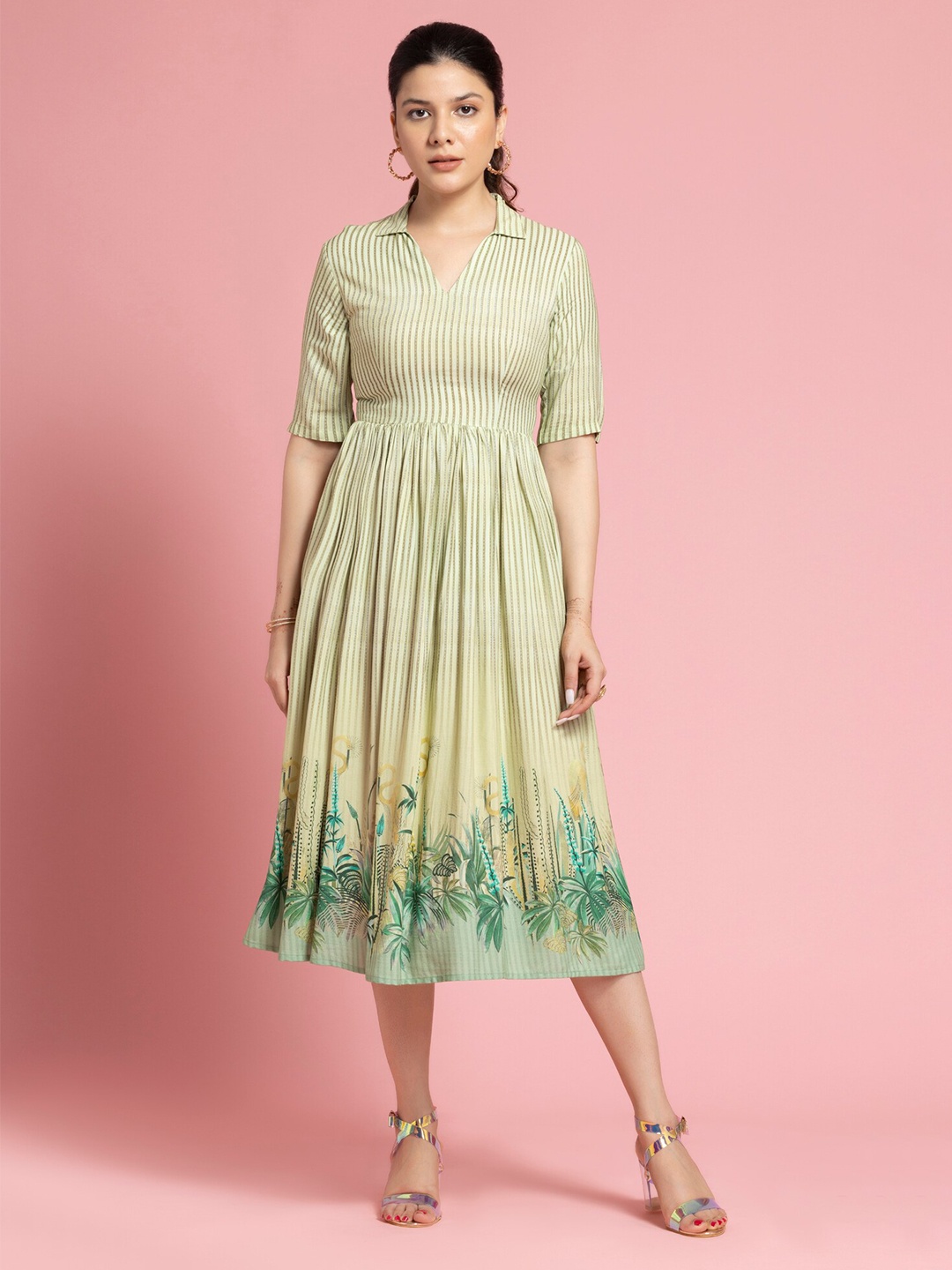 

SEW YOU SOON Floral Printed Shirt Collar Cotton Fit and Flare Midi Dress, Green