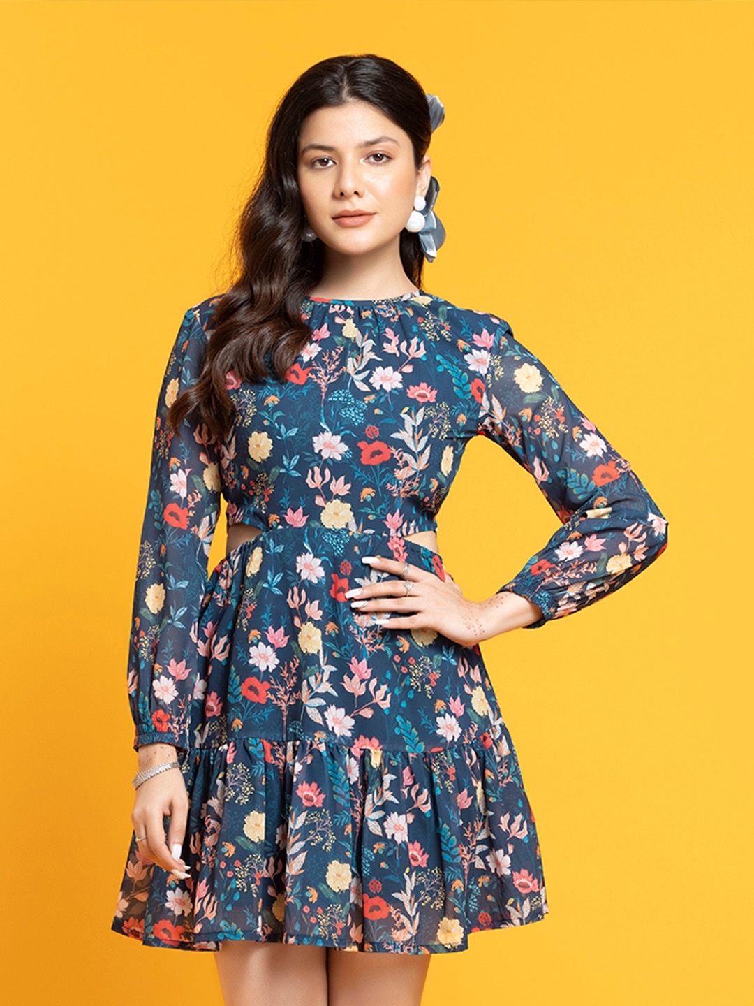 

SEW YOU SOON Floral Printed Puff Sleeves Cut-Outs Tiered Fit & Flare Mini Dress, Blue