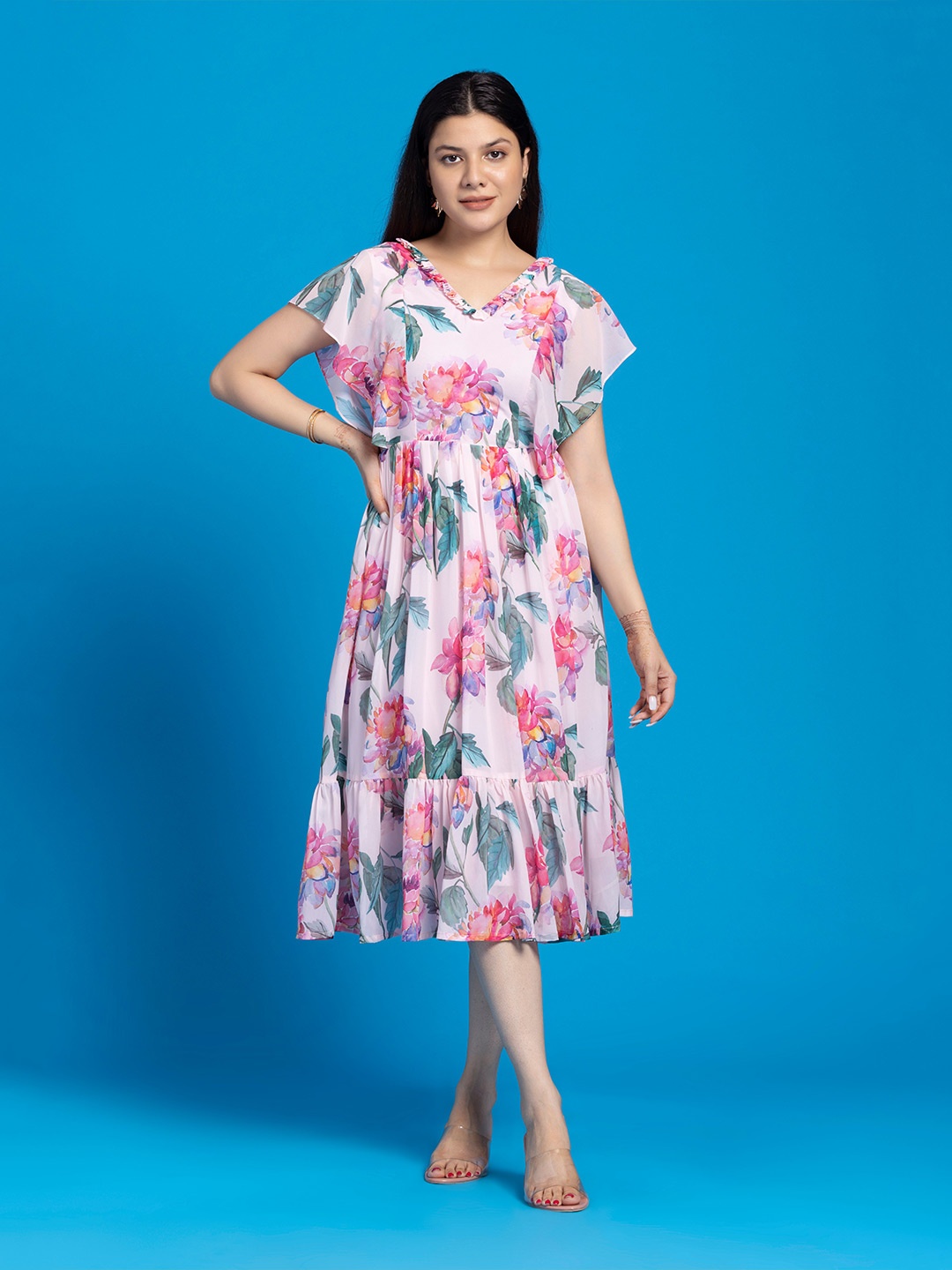 

SEW YOU SOON Floral Printed V-Neck Flared Sleeve Georgette Fit and Flare Midi Dress, White