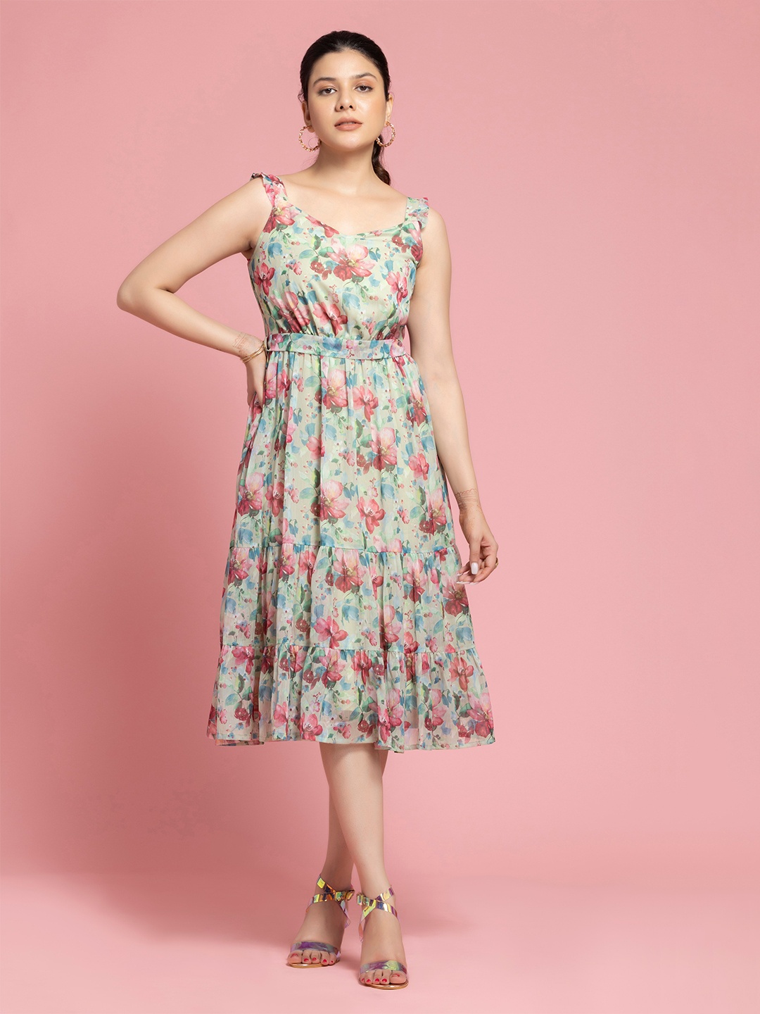 

SEW YOU SOON Floral Printed Gathered Tiered Fit & Flare Midi Dress, Green