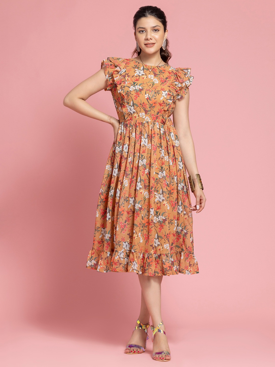 

SEW YOU SOON Floral Printed Flutter Sleeves Georgette Pleated Fit & Flare Dress, Yellow