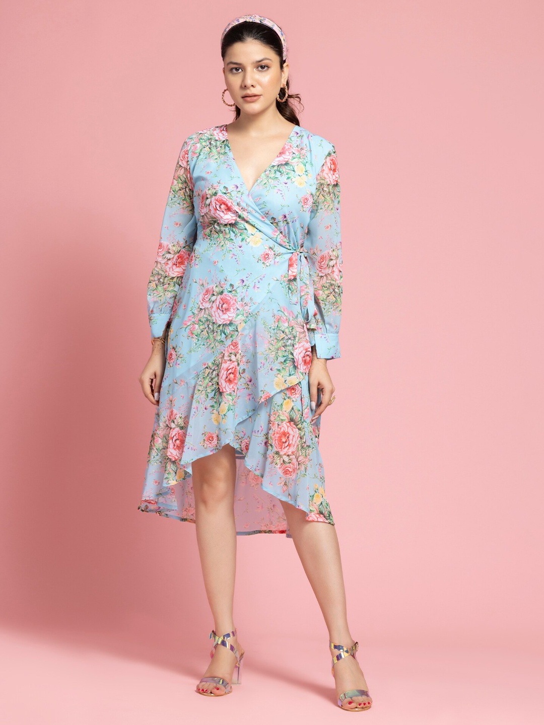 

SEW YOU SOON Floral Printed Tie Ups Wrap Dress, Blue
