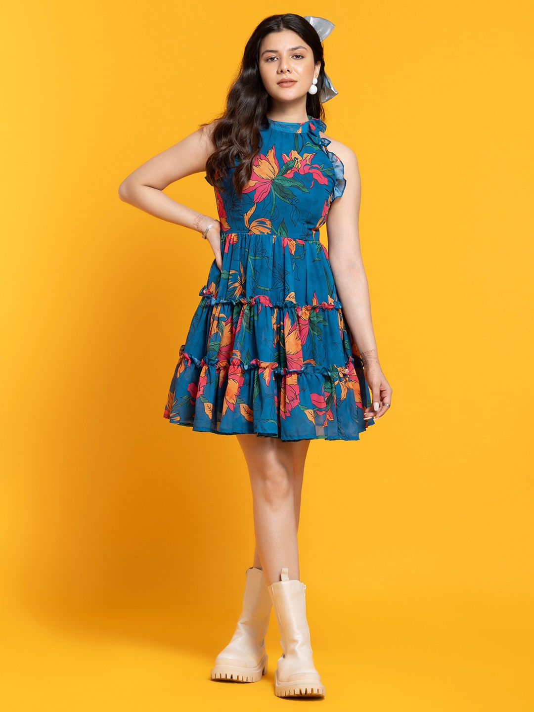 

SEW YOU SOON Floral Printed High Neck Georgette Tiered Fit & Flare Dress, Blue