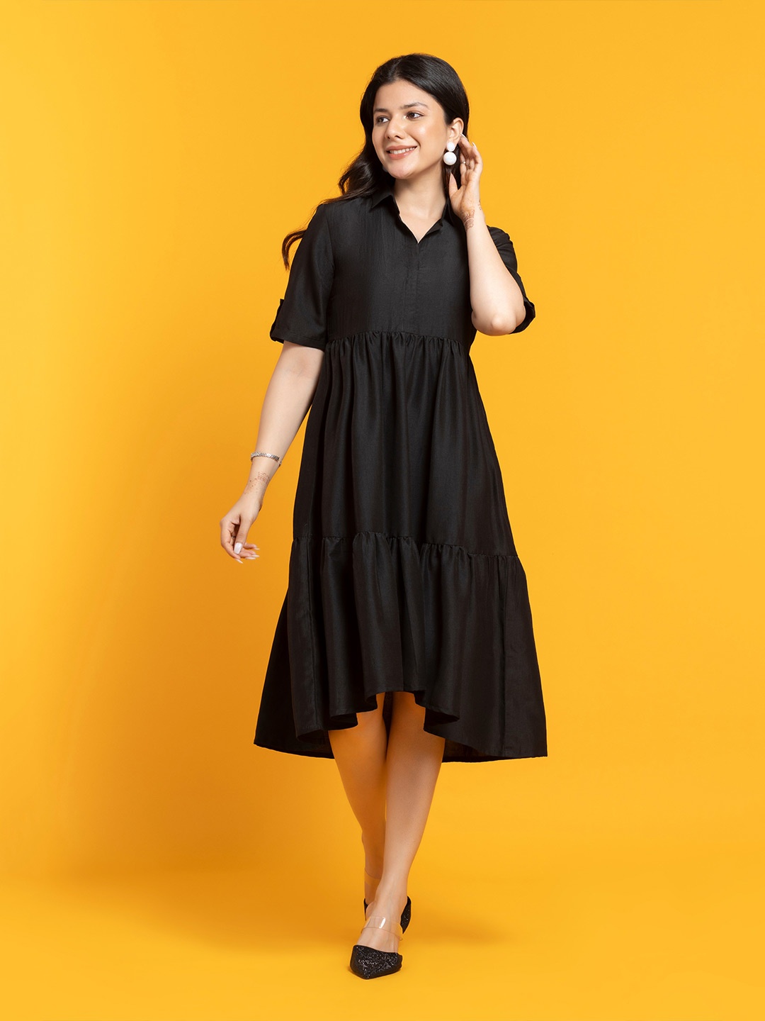 

SEW YOU SOON Shirt Collar Cotton A-Line Dress, Black