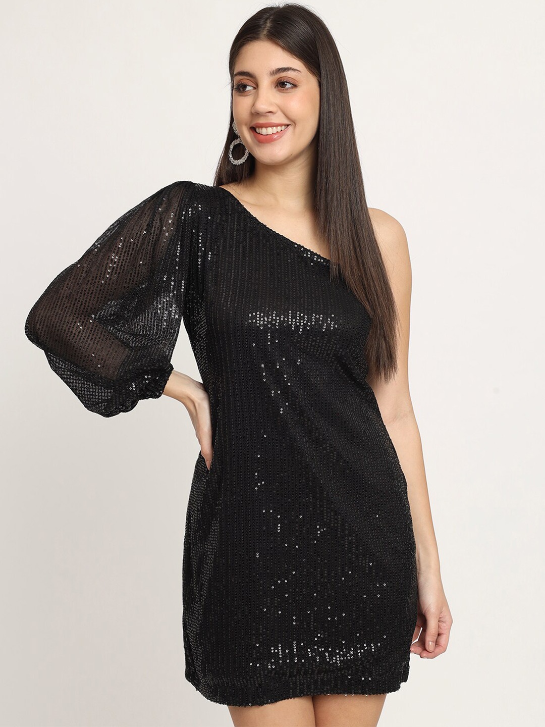 

ISAM Embellished One Shoulder Puff Sleeve Sequinned Sheath Dress, Black