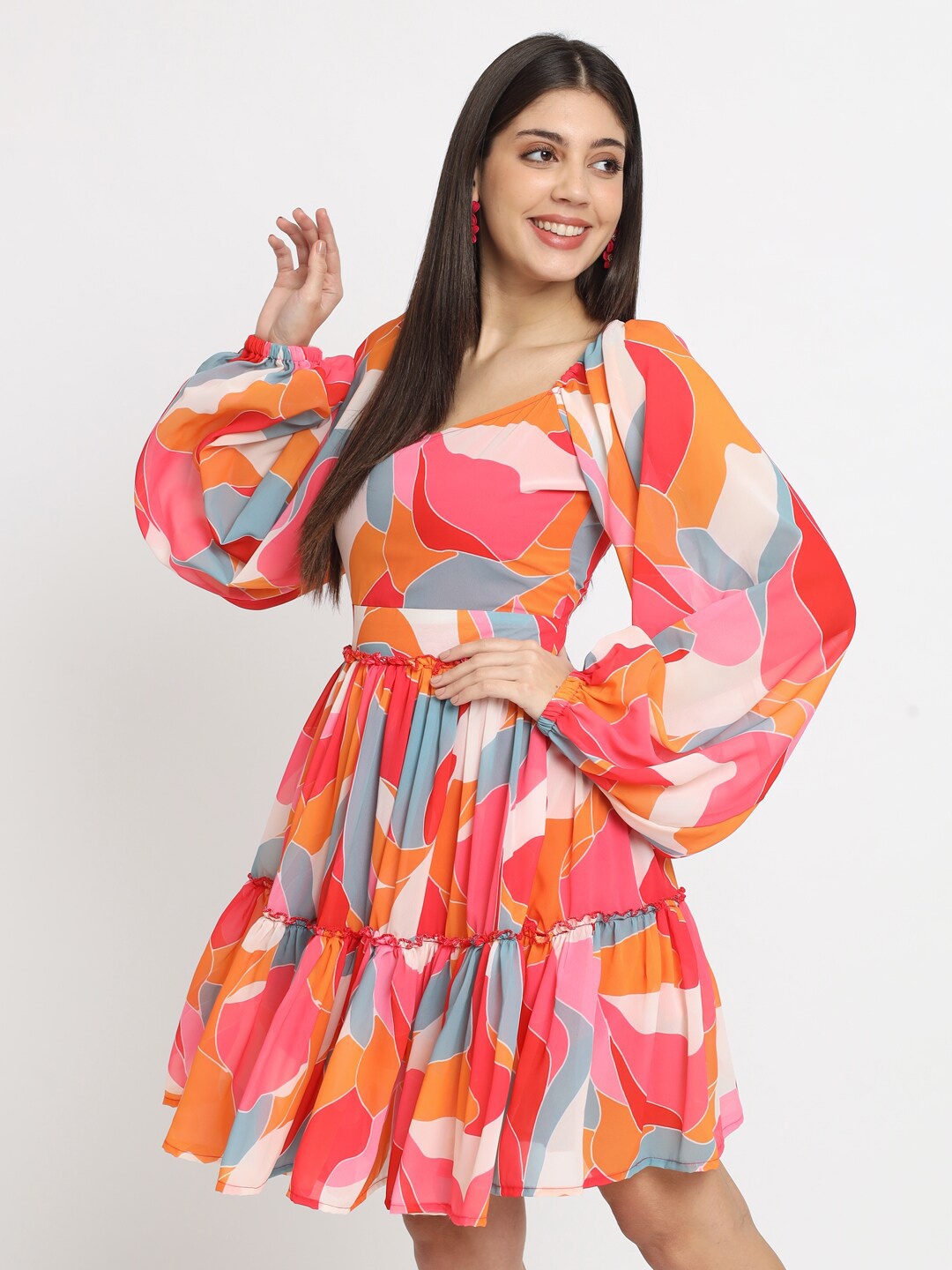 

ISAM Abstract Printed Puff Sleeve Fit & Flare Dress, Pink
