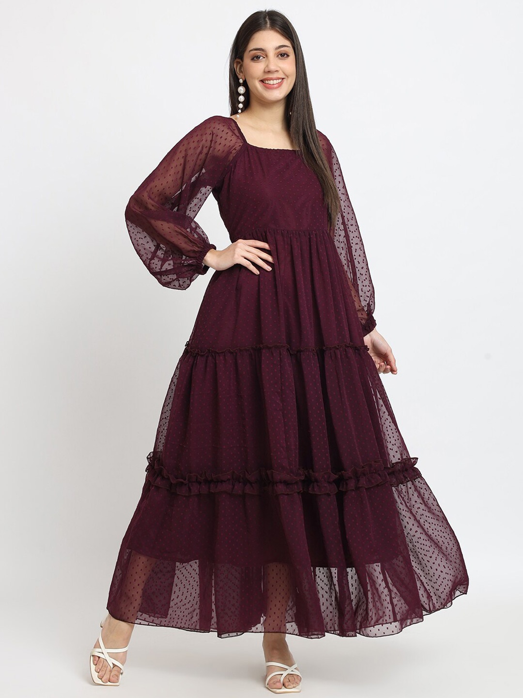 

ISAM Floral Self Design Puff Sleeve Ruffled Tiered Fit & Flare Maxi Dress, Burgundy