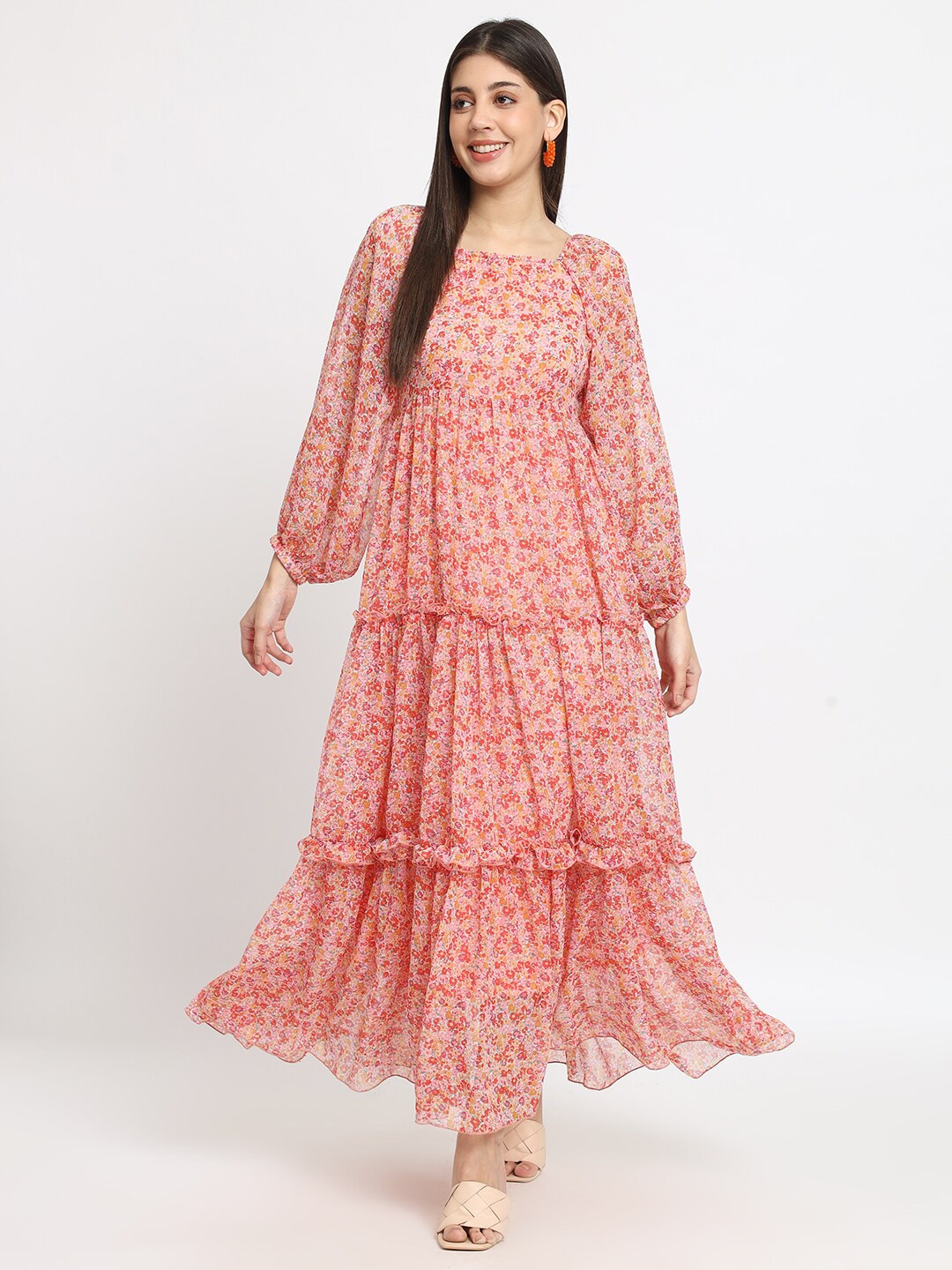 

ISAM Floral Printed Puff Sleeve Gathered Or Pleated Fit & Flare Maxi Dress, Pink