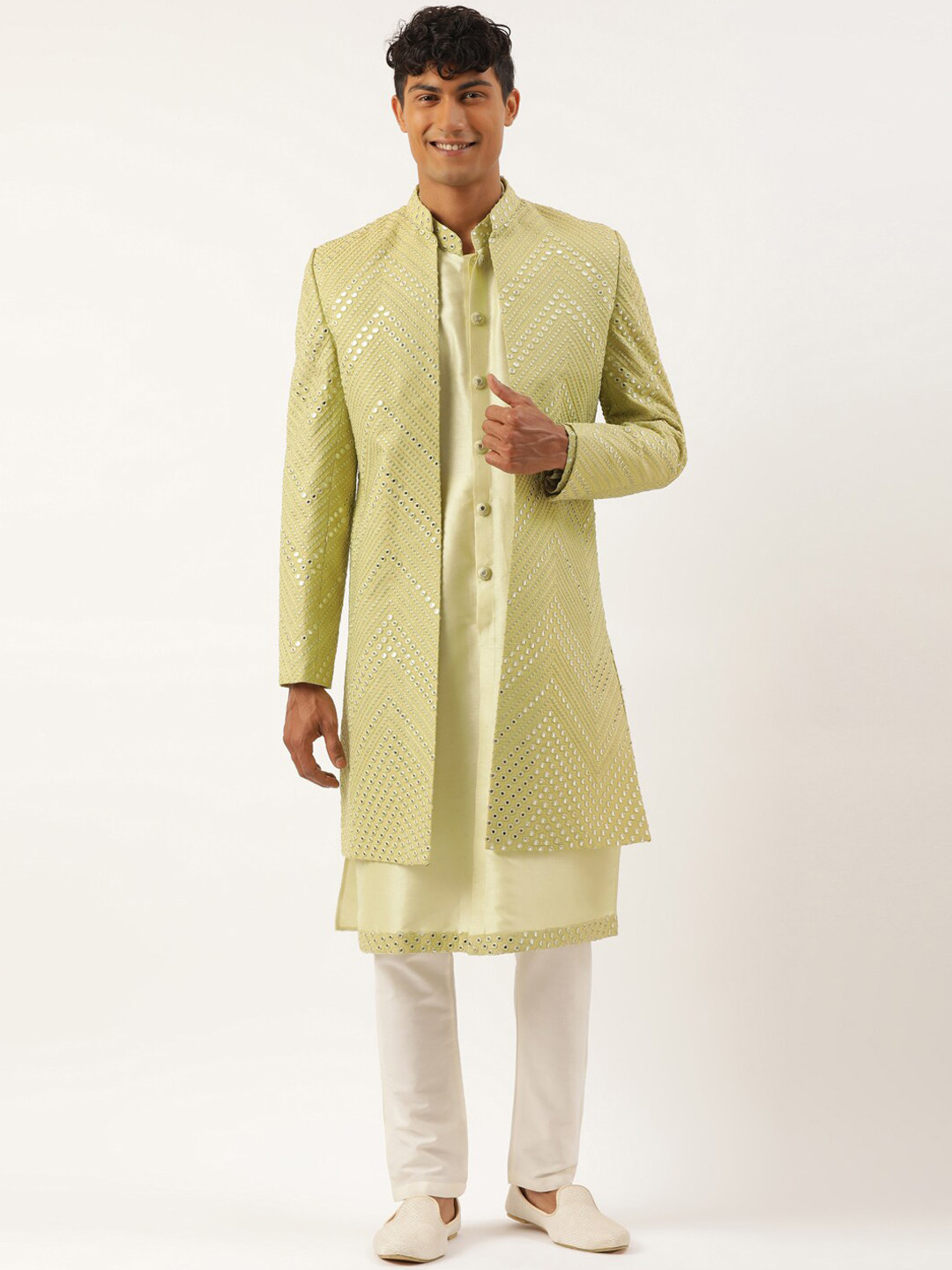 

TheEthnic.Co Men Embroidered Mirror Work Sherwani Set, Green