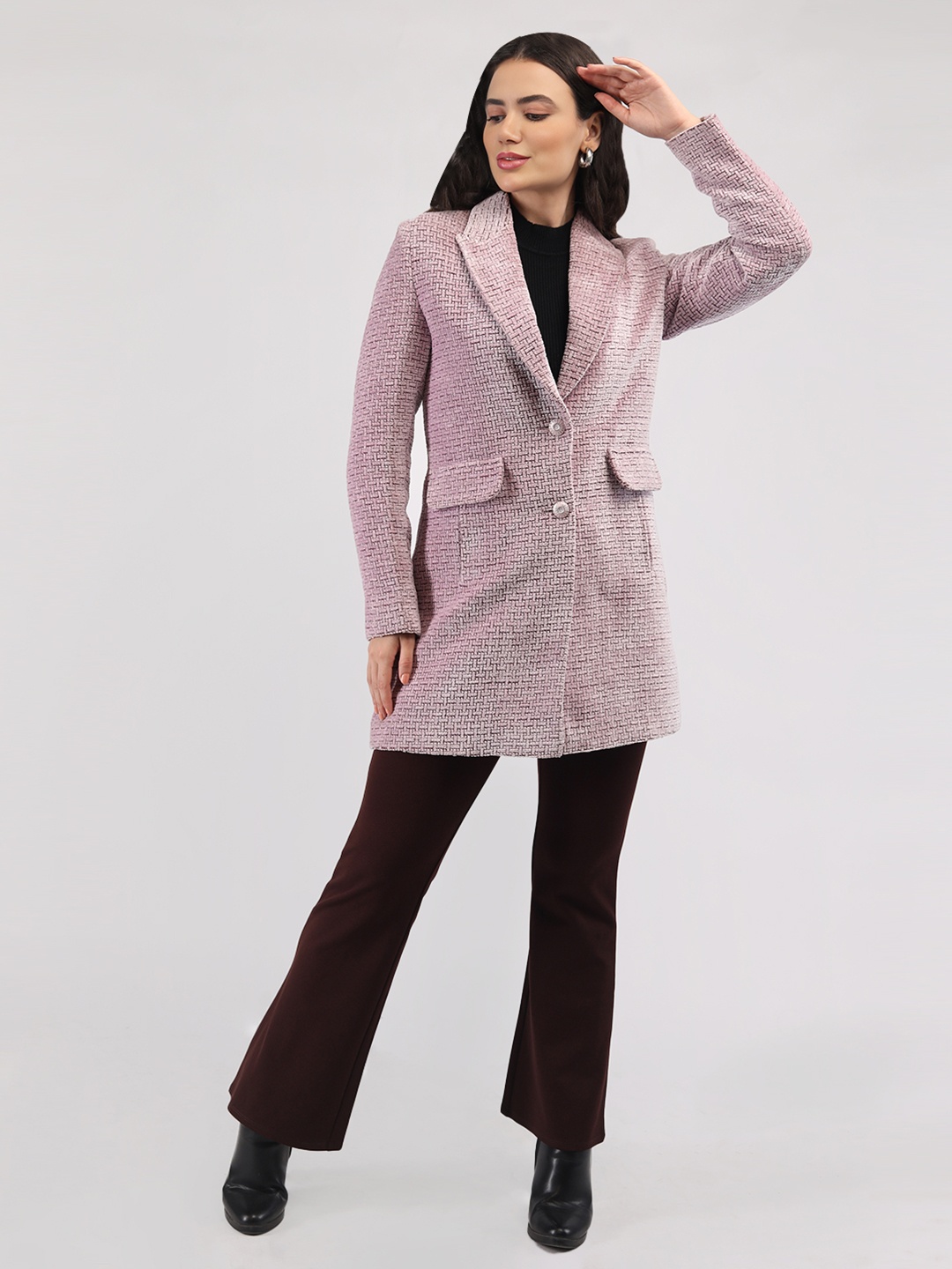 

LURE URBAN Self designed Notched Lapel Collar Single Breasted Woollen Overcoat, Mauve