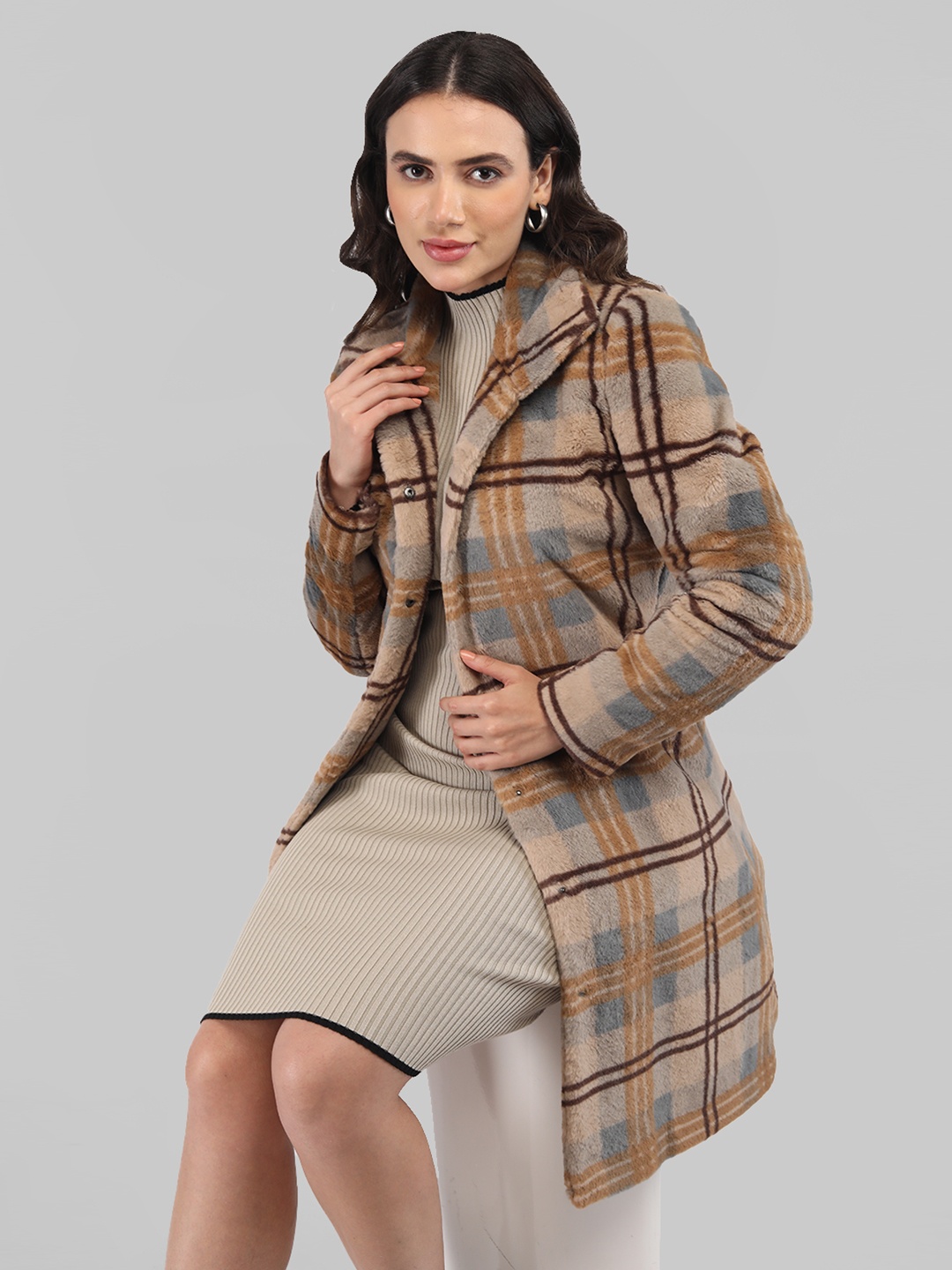 

LURE URBAN Checked Spread Collar Single Breasted Woollen Overcoat, Brown