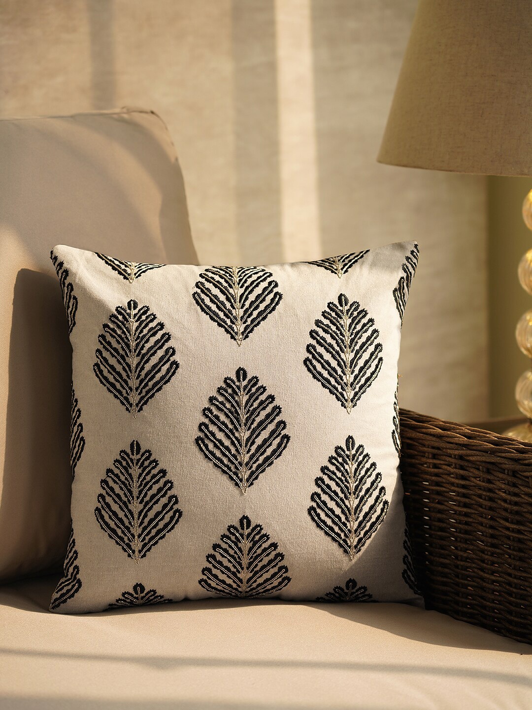 

Pure Home and Living Beige and Black Embroidered Square Cushion Cover