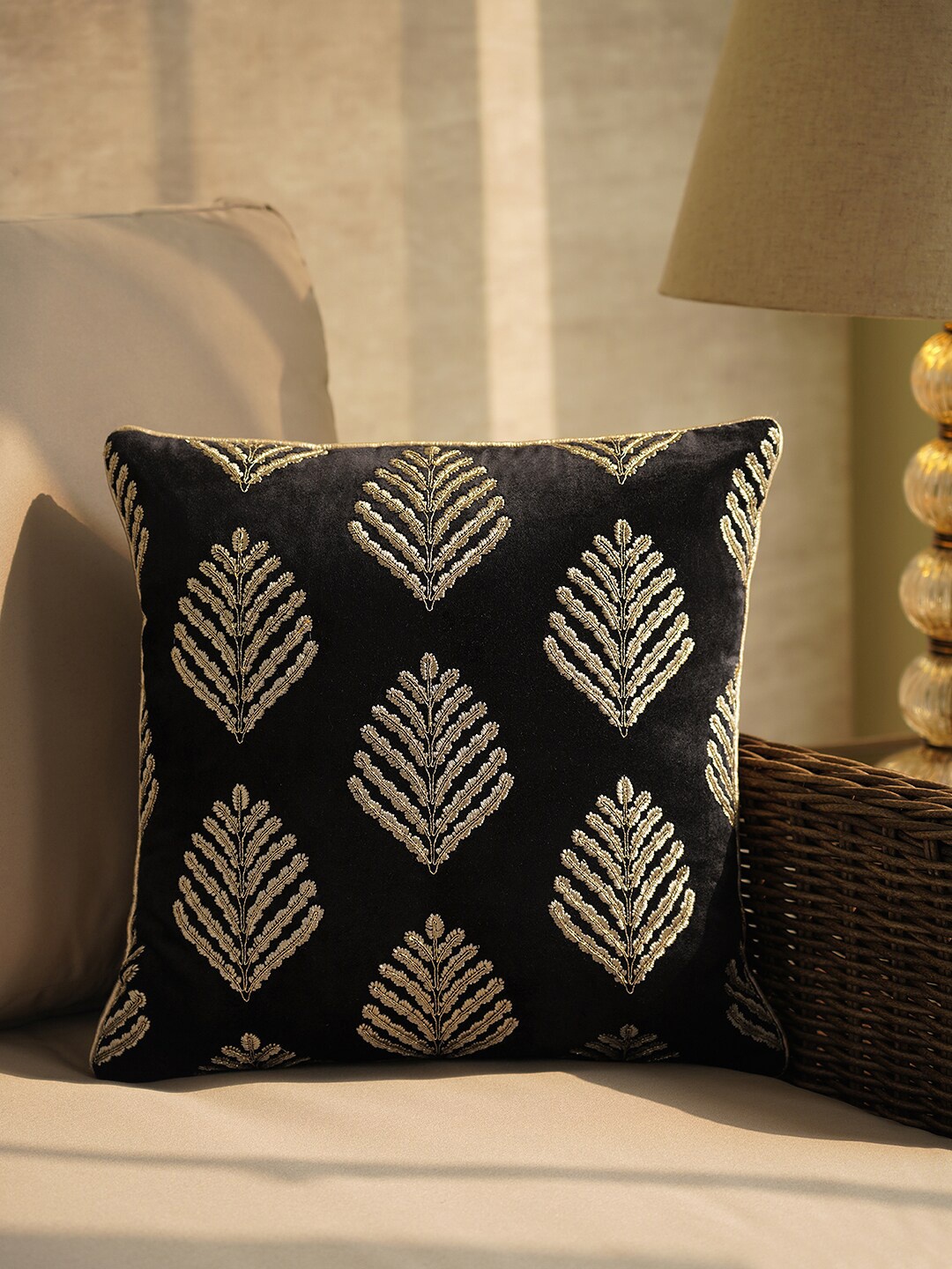 

Pure Home and Living Black and Gold Toned Embroidered Square Cushion Covers