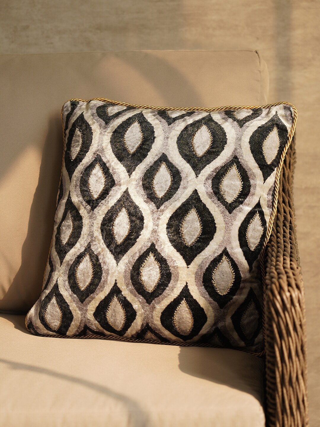 

Pure Home and Living Black and Beige Embroidered Square Cushion Cover