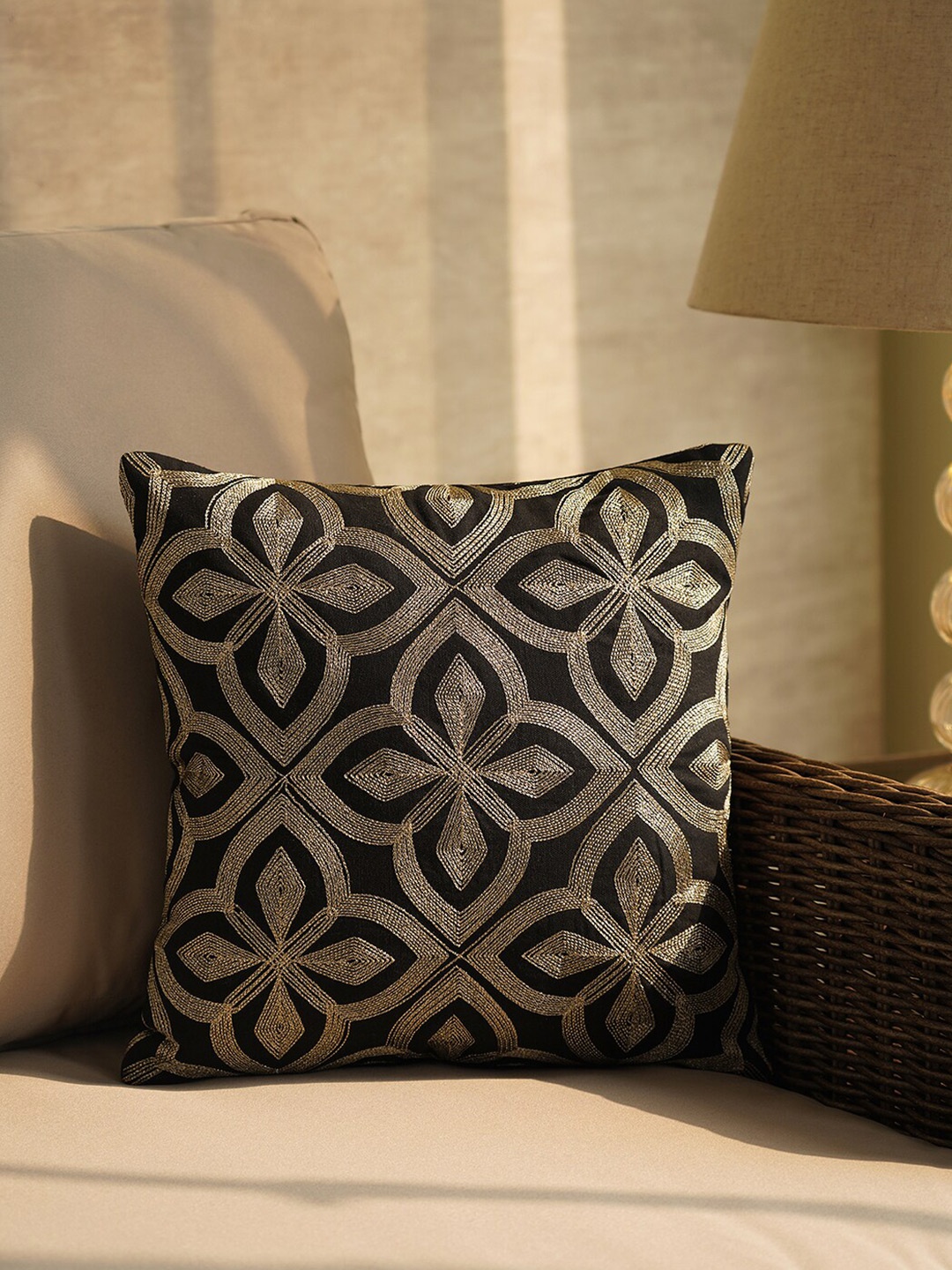 

Pure Home and Living Black and Beige Embroidered Square Cushion Cover