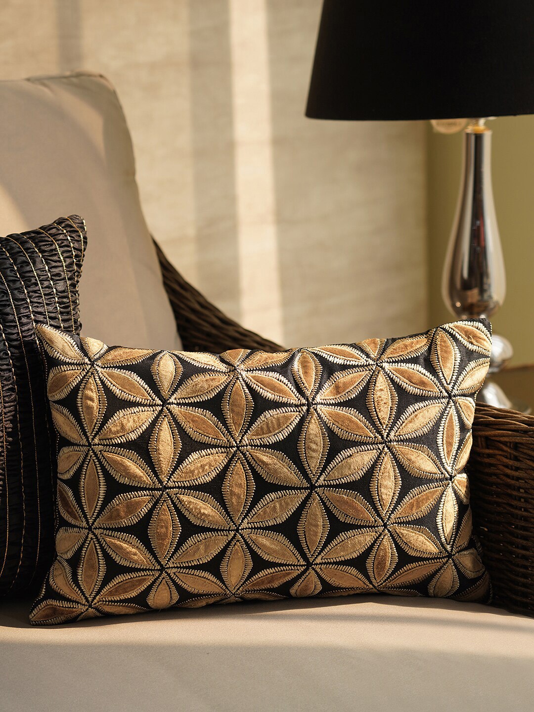 

Pure Home and Living Black and Brown Embroidered Rectangle Cushion Cover