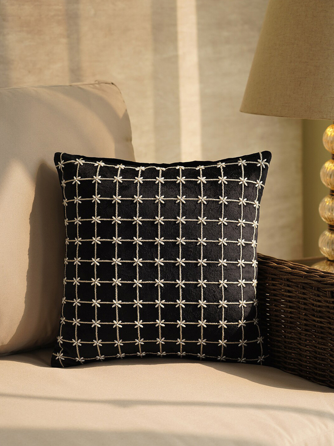 

Pure Home and Living Black Embroidered Square Cushion Cover