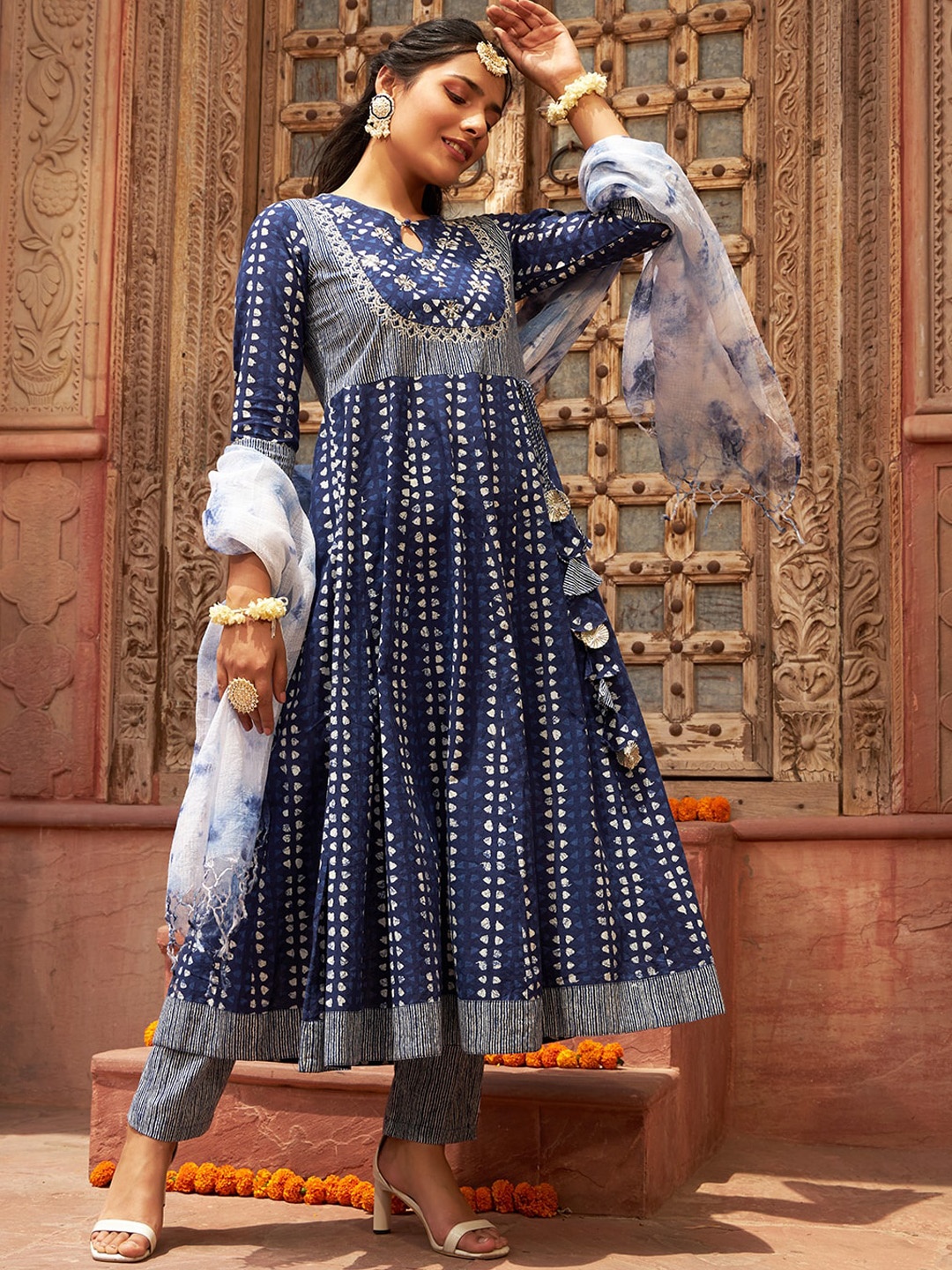 

KALINI Geometric Printed Thread Work Pure Cotton Anarkali Kurta & Trouser With Dupatta, Navy blue