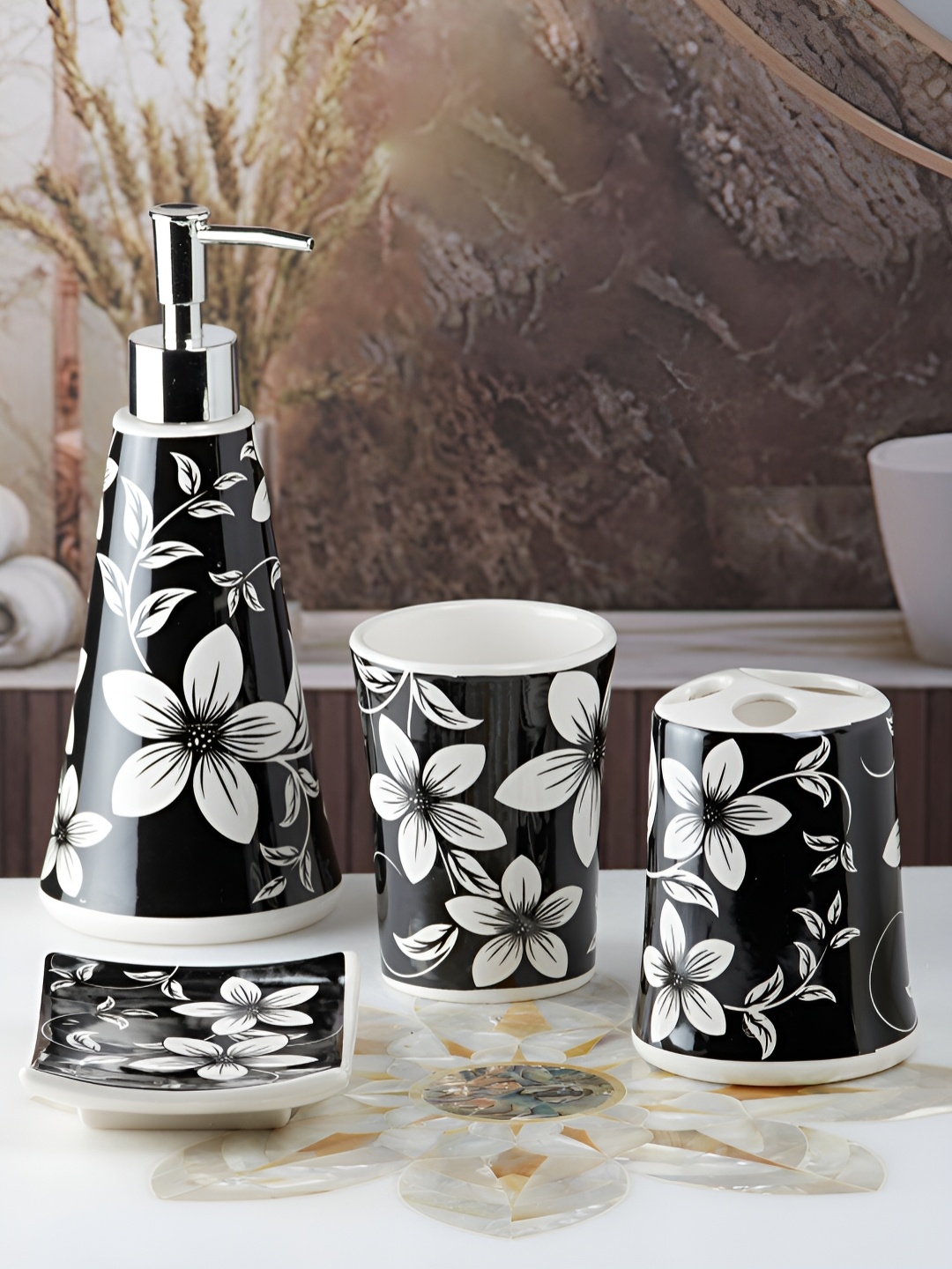 

Kookee Black & White 4 pieces Floral Ceramic Bath Accessories Set