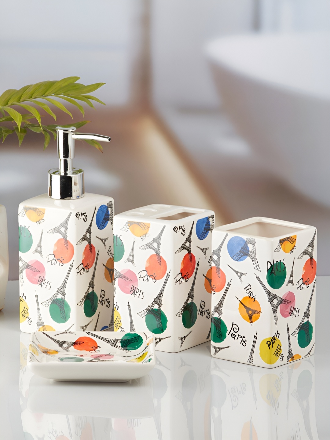 

Kookee White & Orange 4 pieces Abstract Ceramic Bath Accessories Set