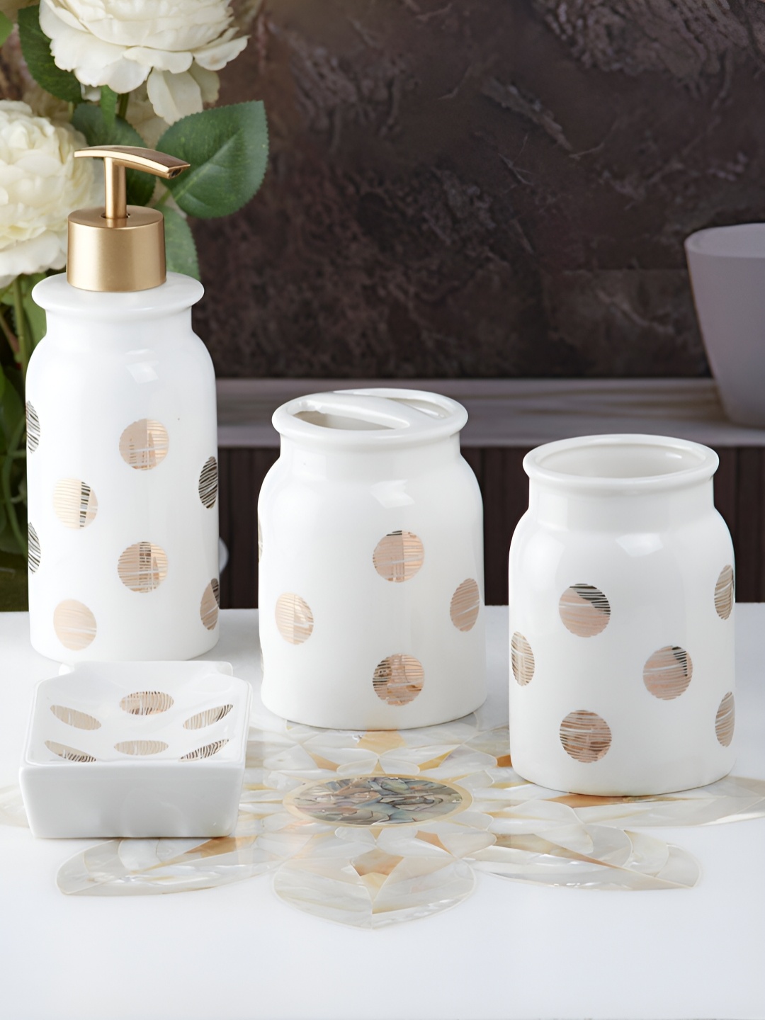 

Kookee White & Gold Toned 4 Pieces Ceramic Abstract Bath Accessories Set