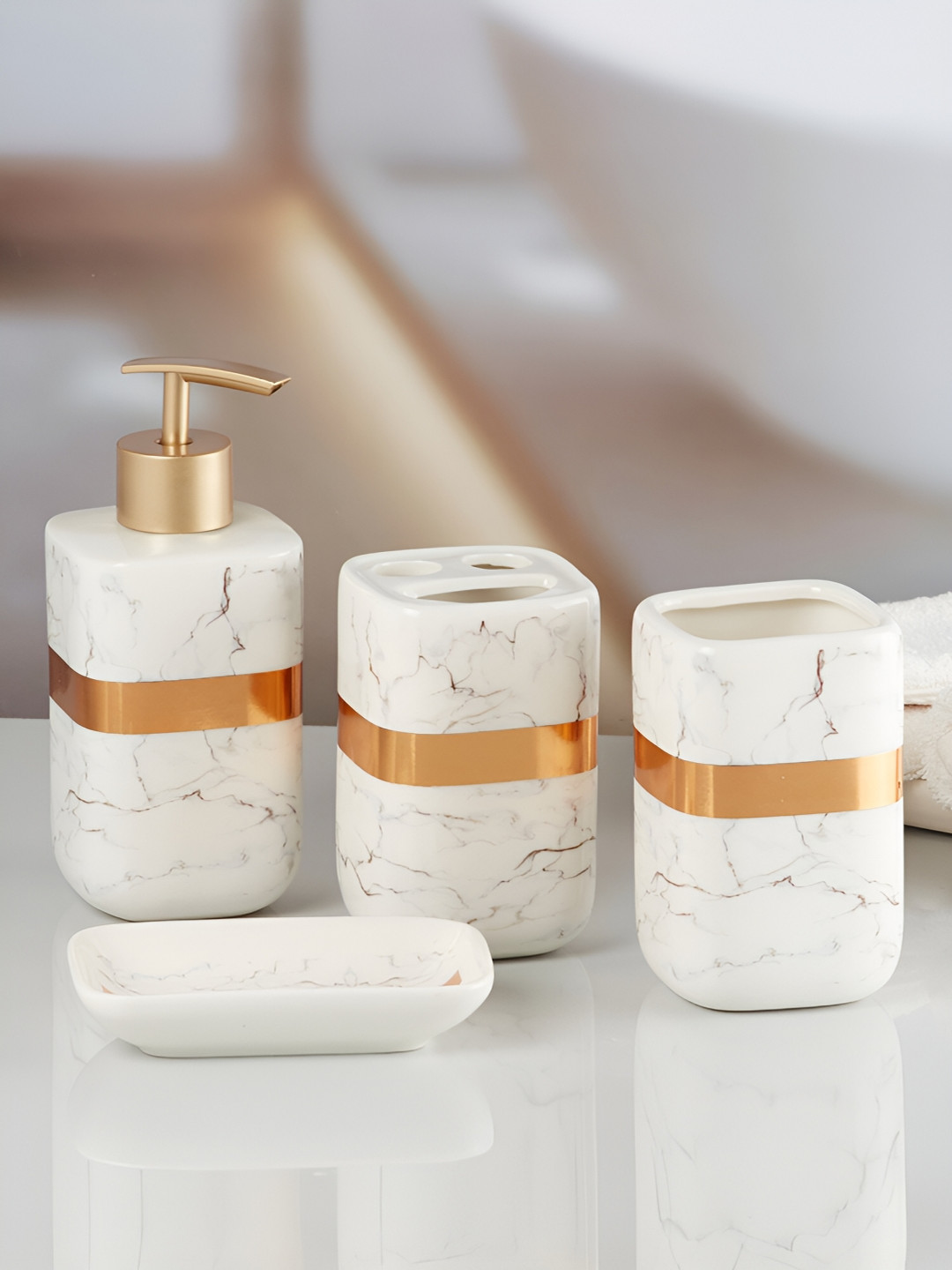 

Kookee White 4 piece Abstract Ceramic Bath Accessories Set
