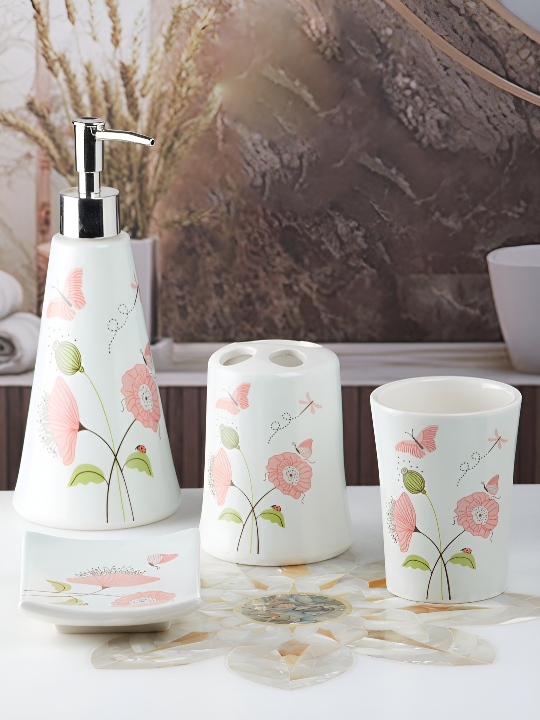 

Kookee Green & Pink 4 pieces Floral Ceramic Bath Accessories Set