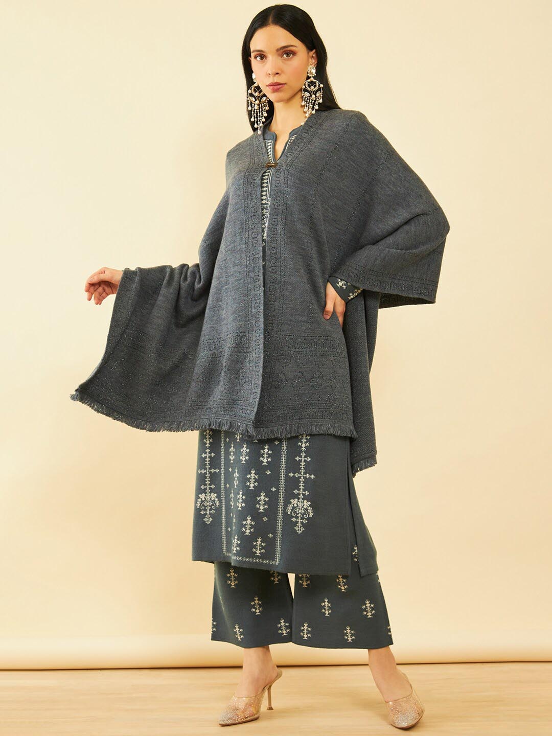 

Soch Shimmery Geometric Pattern Woven Design Acrylic Shawl, Charcoal
