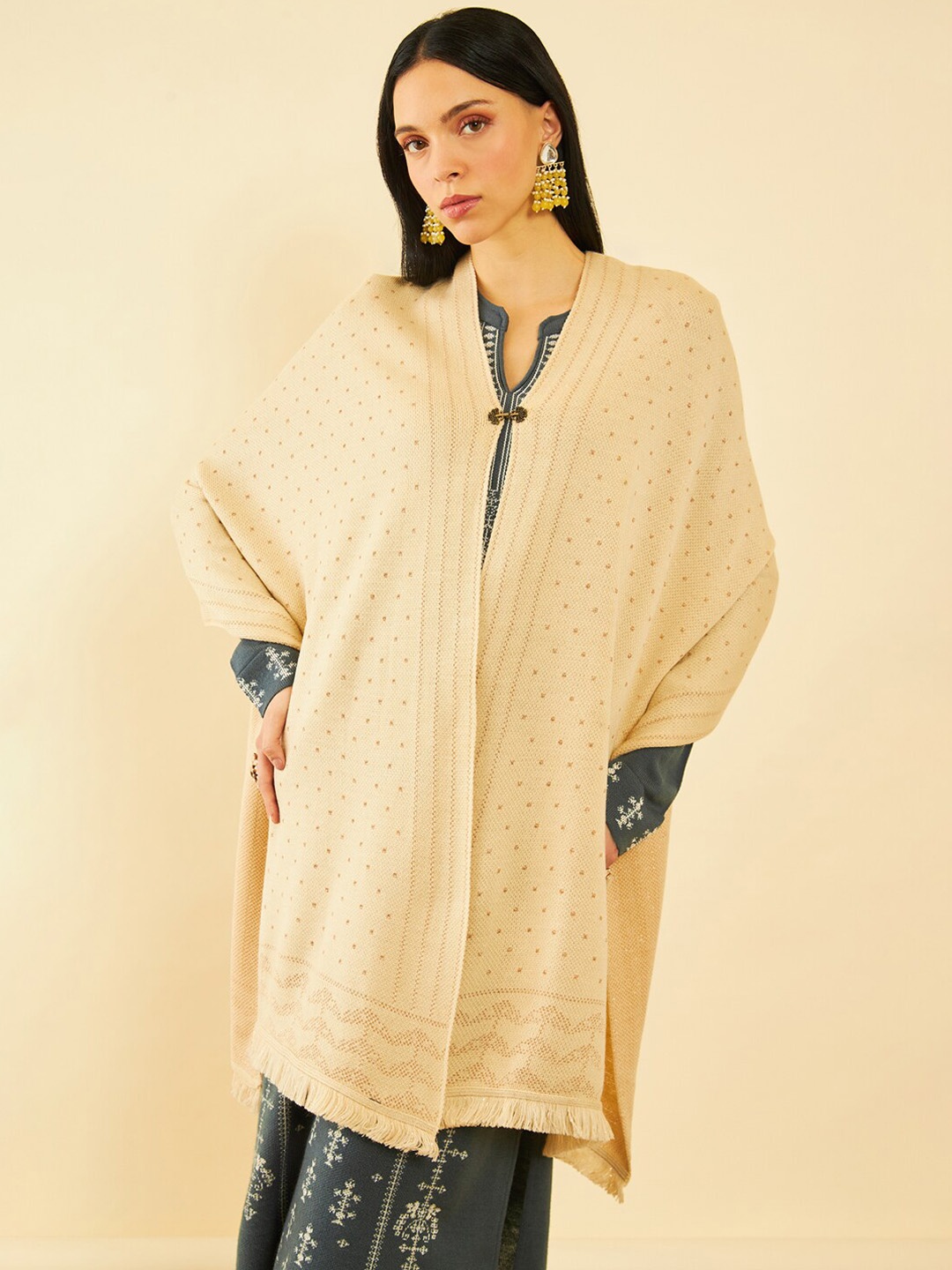 

Soch Polka Dot Woven Design Fringed Borded Shawl, Beige