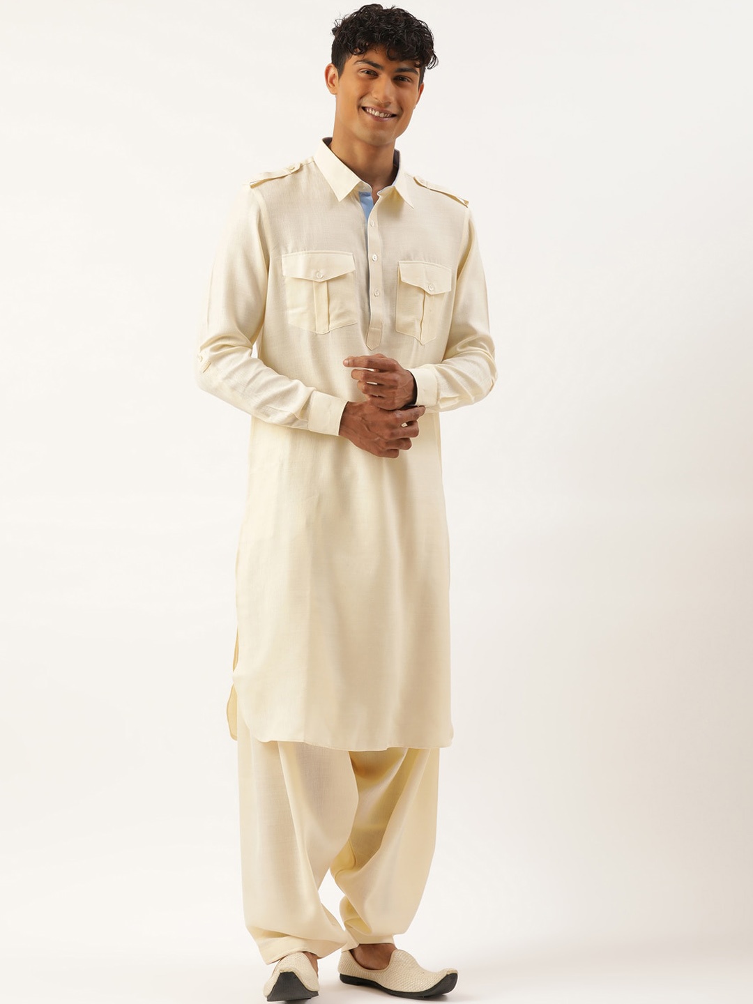 

TheEthnic.Co Shirt Collar Pure Cotton Pathani Kurta With Salwar, Cream