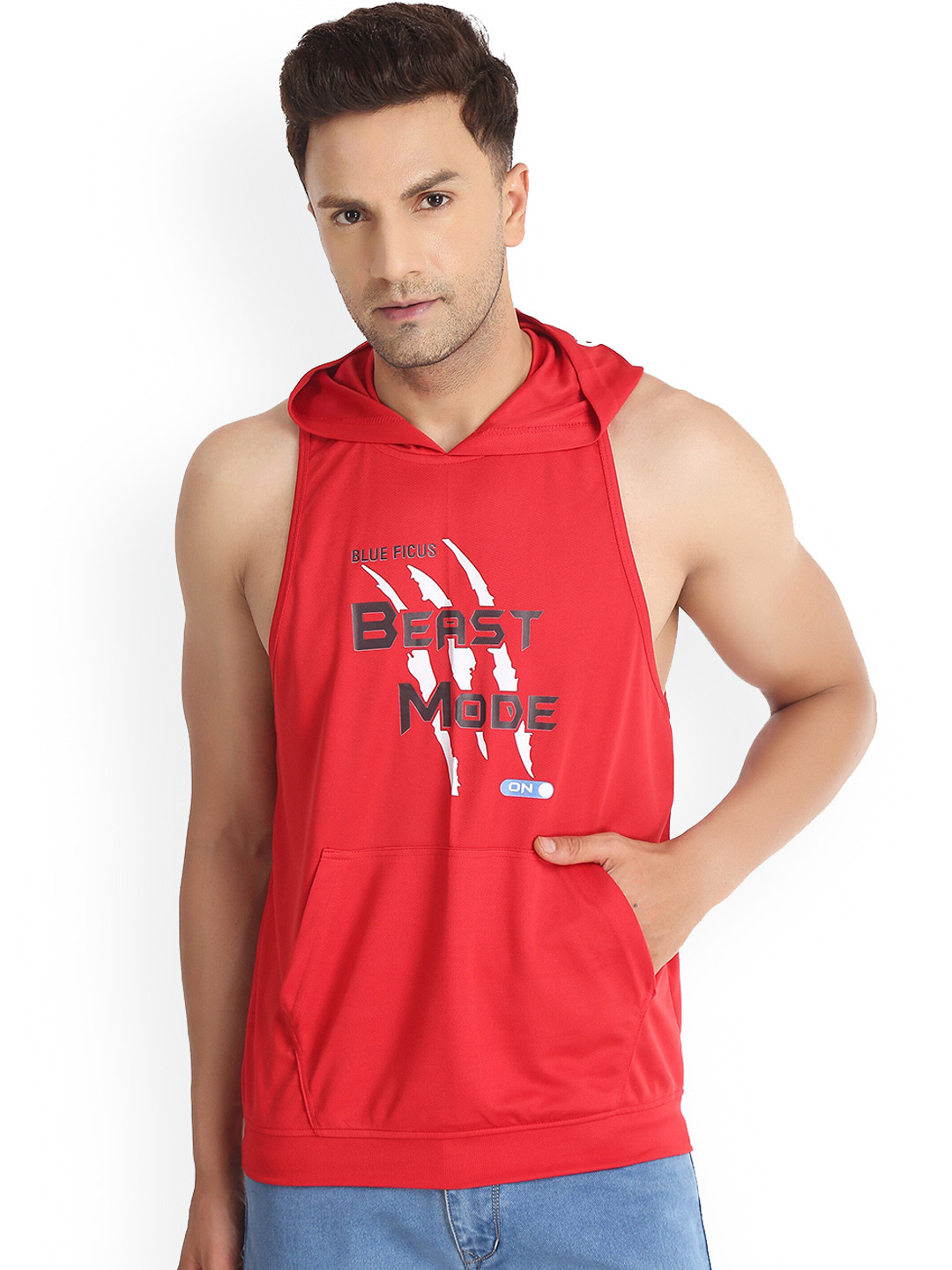 

BLUEFICUS Printed Hooded Pure Cotton Sleeveless Gym Vest-BF-RED SANDO-VEST-L