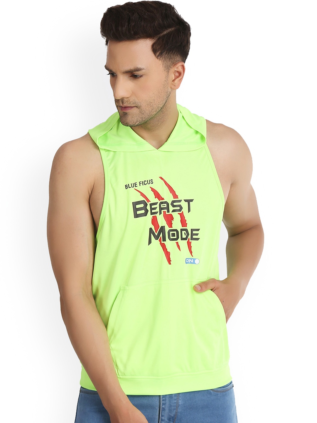 

BLUEFICUS Typography Printed Hood Pure Cotton Sleeveless Gym Vest-BF-NEON GREEN SANDO-VEST, Lime green