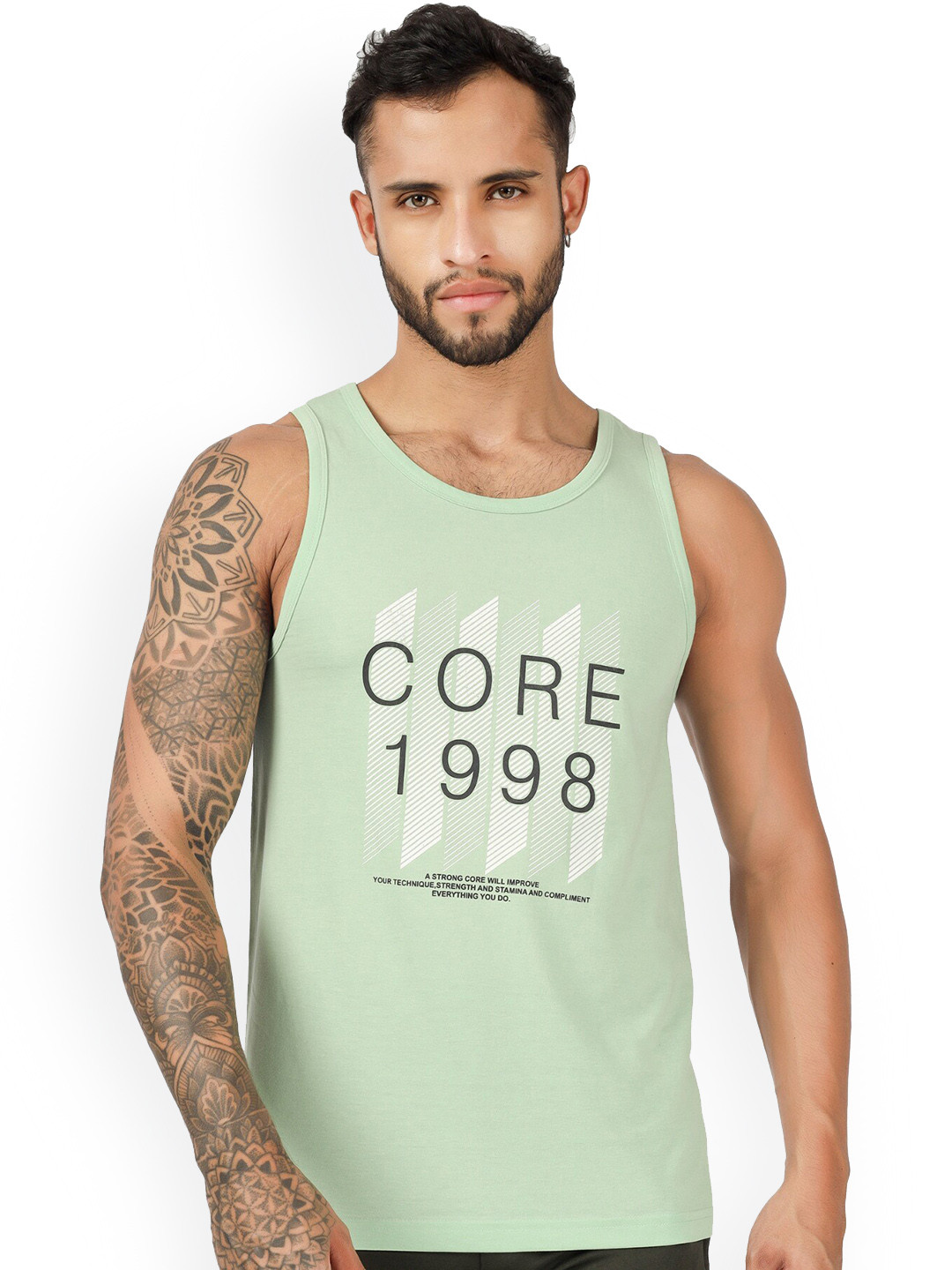 

BLUEFICUS Typography Printed Pure Cotton Basic Vest-105-M-CORE-SANDO-PISTA GREEN-L