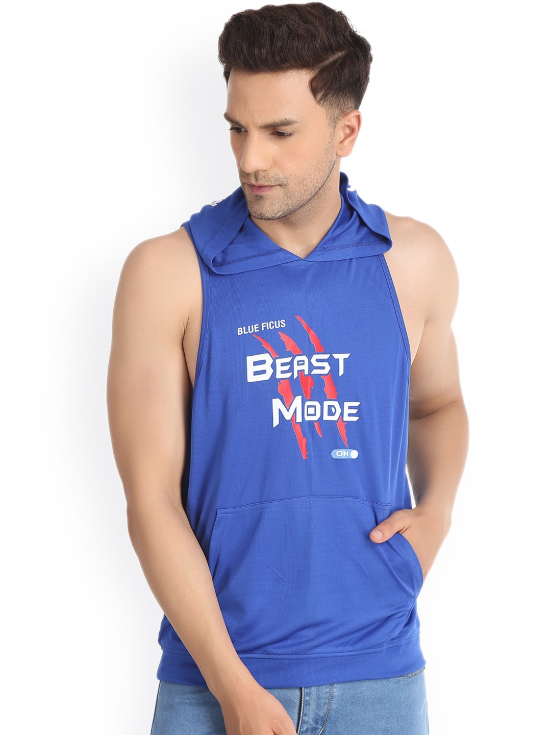 

BLUEFICUS Graphic Printed Hooded Pure Cotton Sleeveless Gym Vest-BF-INDIAN BLUE SANDO-VEST, Grey