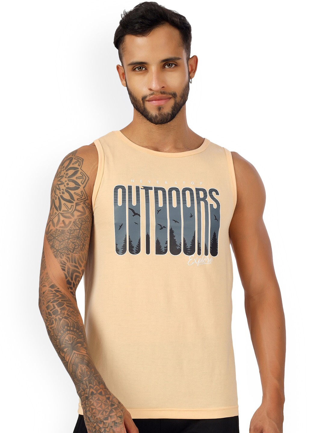 

BLUEFICUS Typography Printed Pure Cotton Basic Vest-105-M-OUTDOORS-SANDO-IVORY-L, Cream