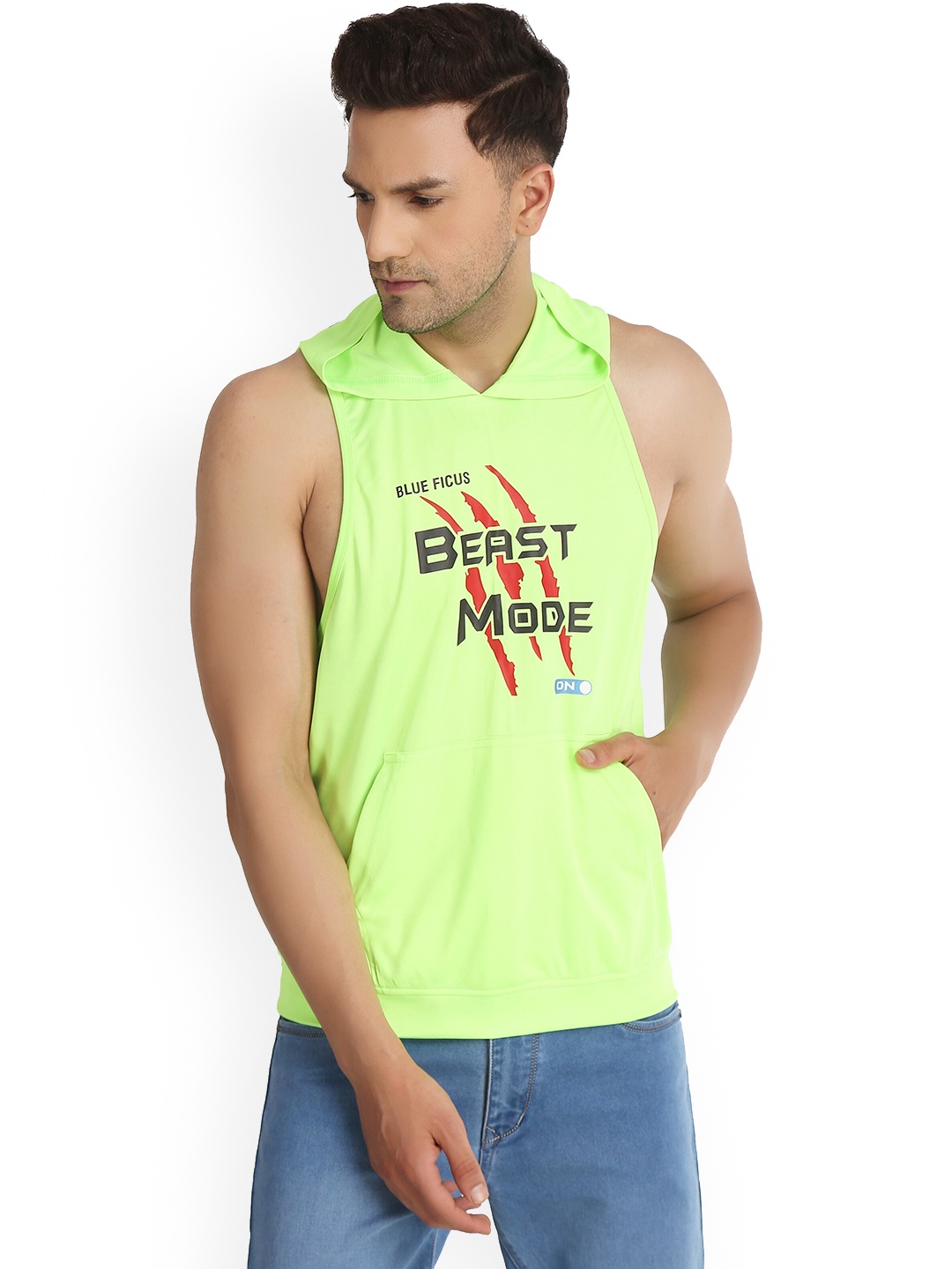 

BLUEFICUS Graphic Printed Hooded Pure Cotton Sleeveless Gym Vest-BF-RED SANDO-VEST-L, Lime green