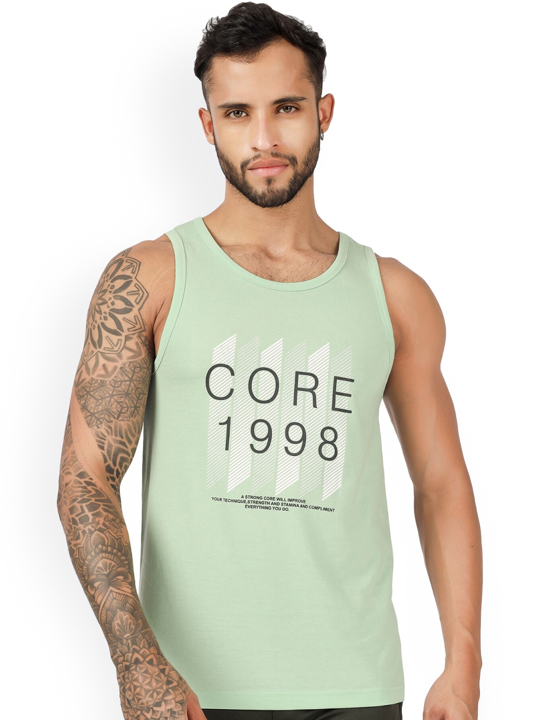 

BLUEFICUS Typography Printed Pure Cotton Basic Vest-105-M-CORE-SANDO-PISTA GREEN-M