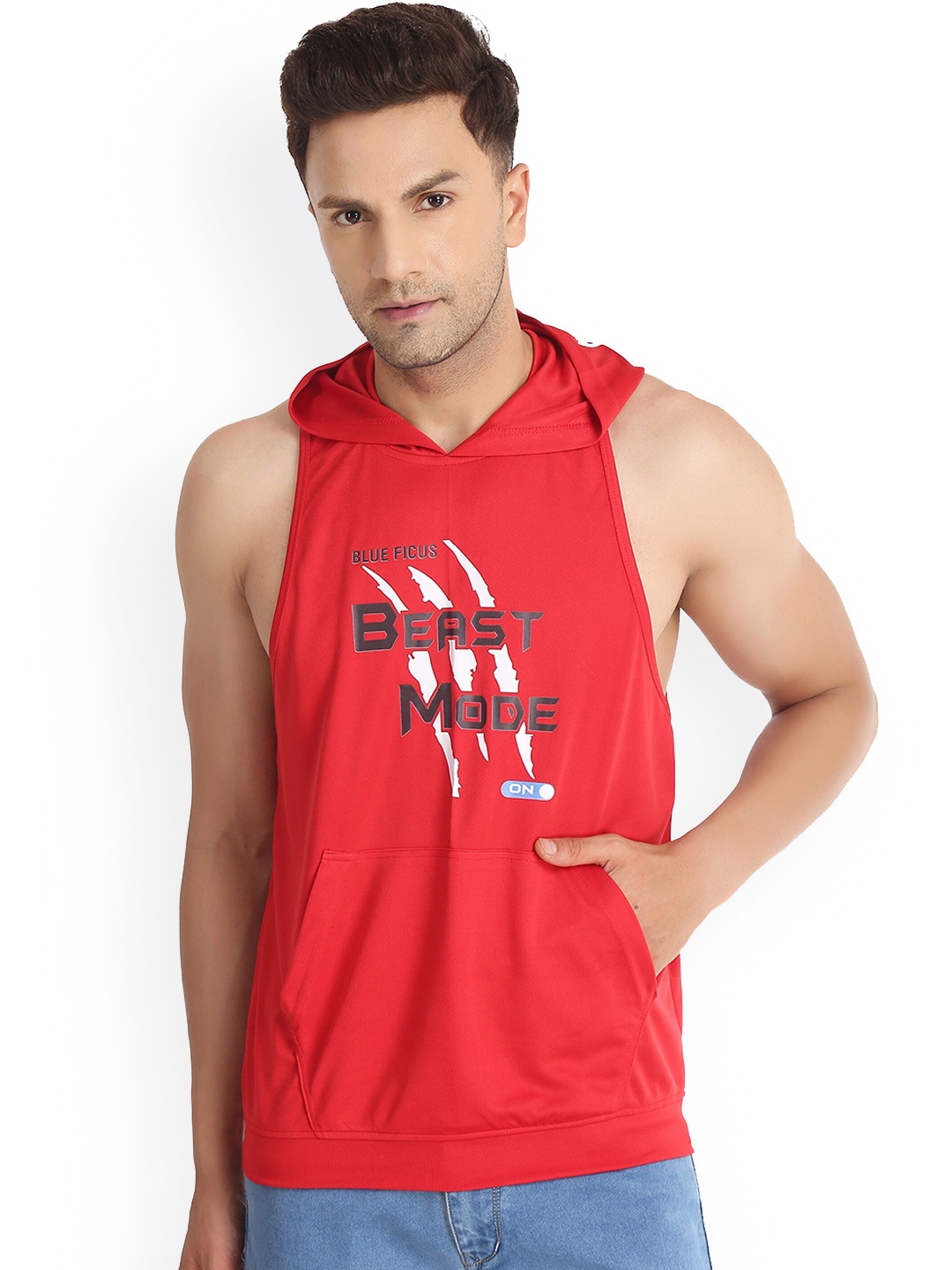 

BLUEFICUS Typography Printed Hooded Pure Cotton Sleeveless Gym Vest BF-RED SANDO-VEST-XL
