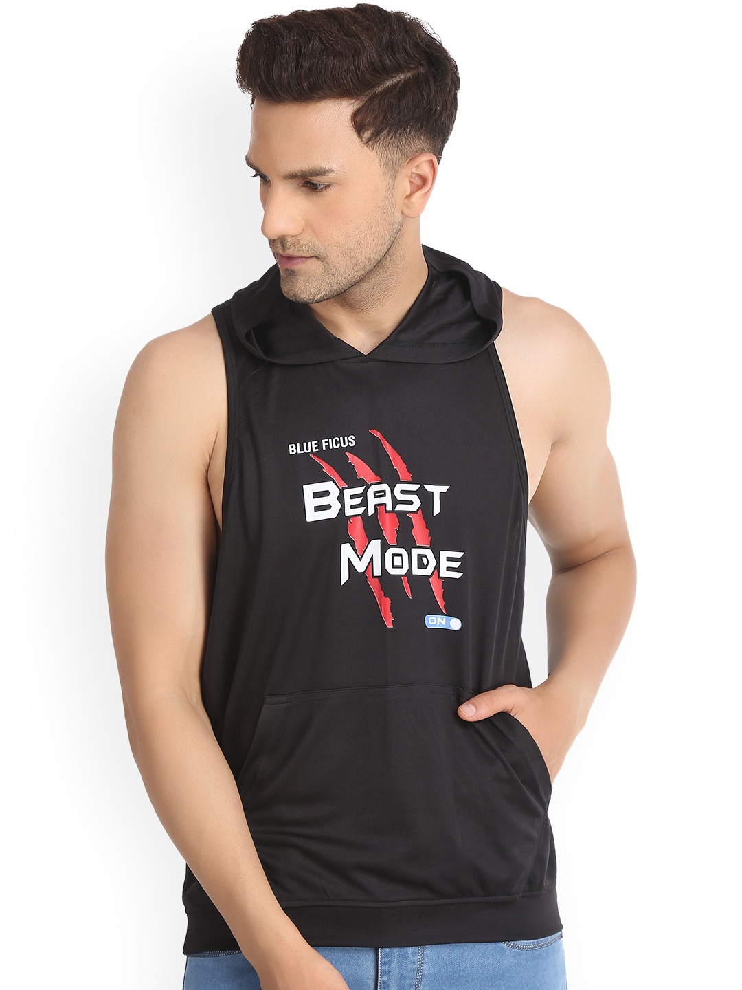 

BLUEFICUS Typography Printed Hood Pure Cotton Sleeveless Gym Vest-BF-BLACK SANDO-VEST-XXL