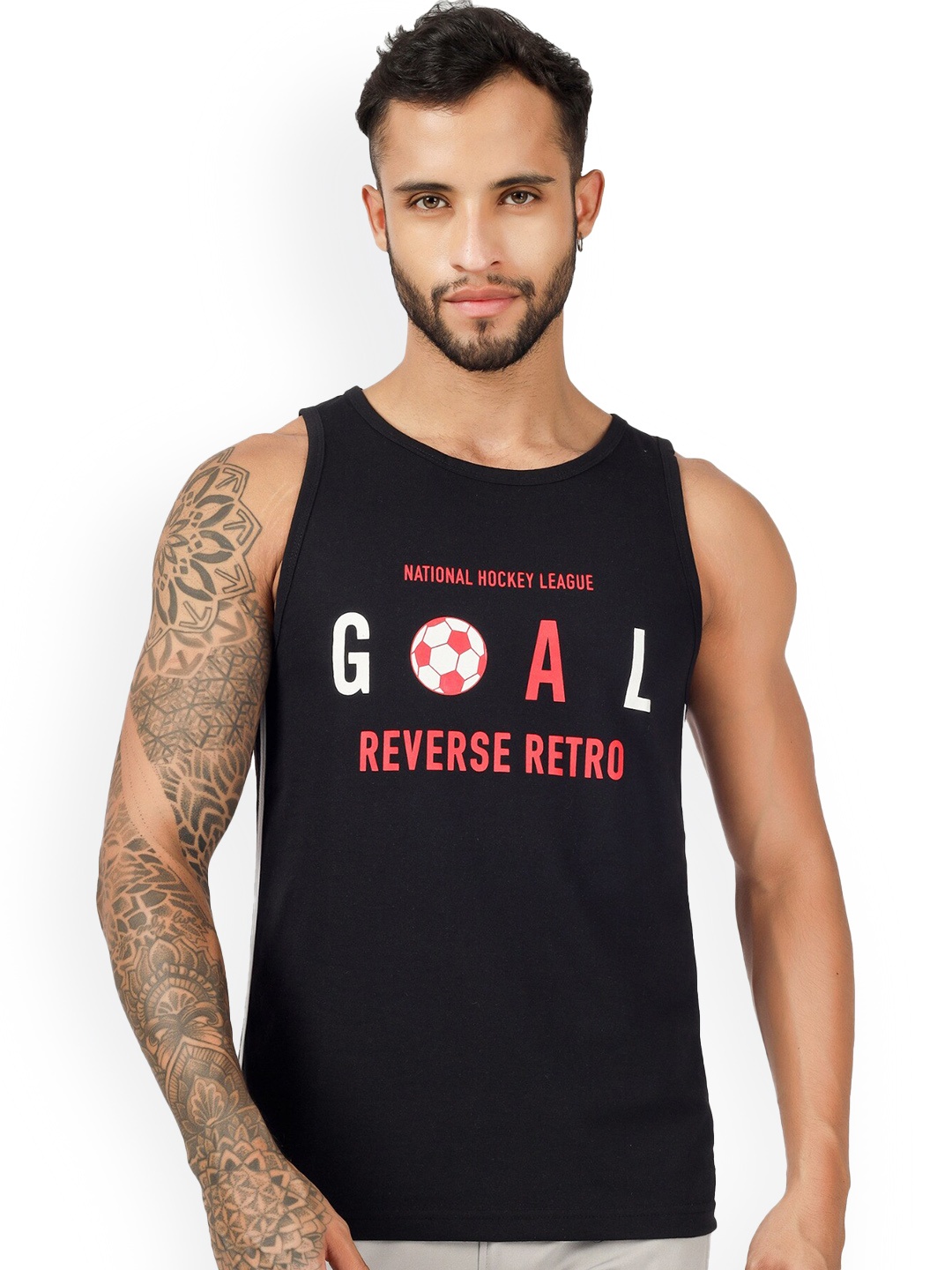 

BLUEFICUS Typography Printed Pure Cotton Basic Vest-105-M-GOAL-SANDO-BLACK-M